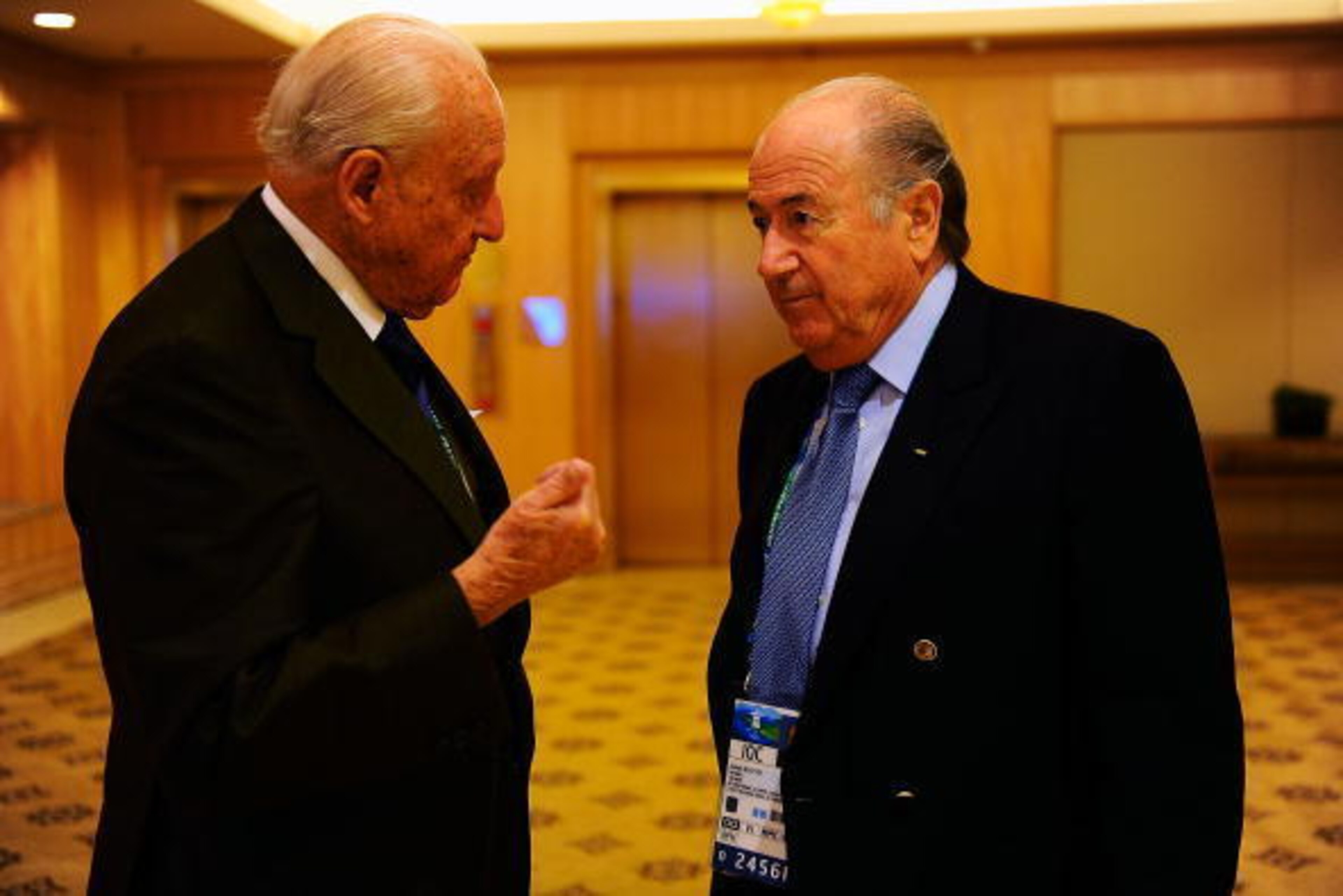 VANCOUVER, BC - FEBRUARY 11: Joao Havelange the former FIFA President and current FIFA president, Sepp Blatter attend an IOC press conference ahead of the Vancouver 2010 Winter Olympics on February 11, 2010 in Vancouver, Canada.  (Photo by Kevork Djansezi