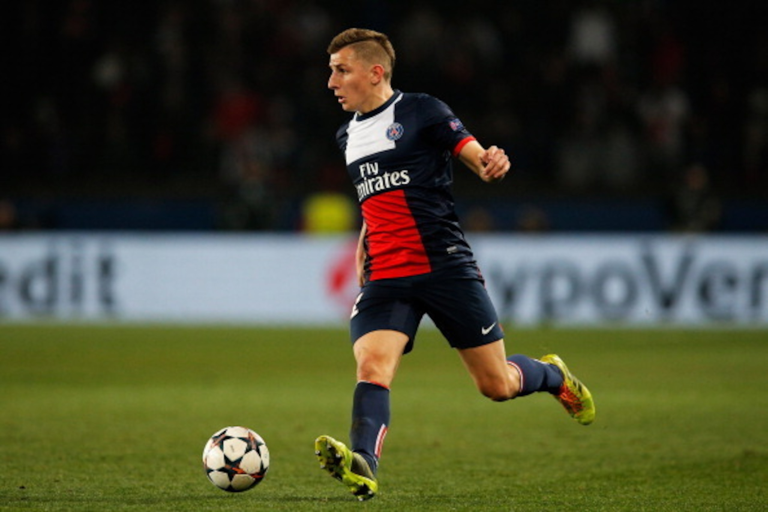 PARIS, FRANCE - MARCH 12:  Lucas Digne of PSG in action during the UEFA Champions League Round of 16 second leg match between Paris Saint-Germain FC and Bayer Leverkusen at Parc des Princes on March 12, 2014 in Paris, France.  (Photo by Dean Mouhtaropoulo
