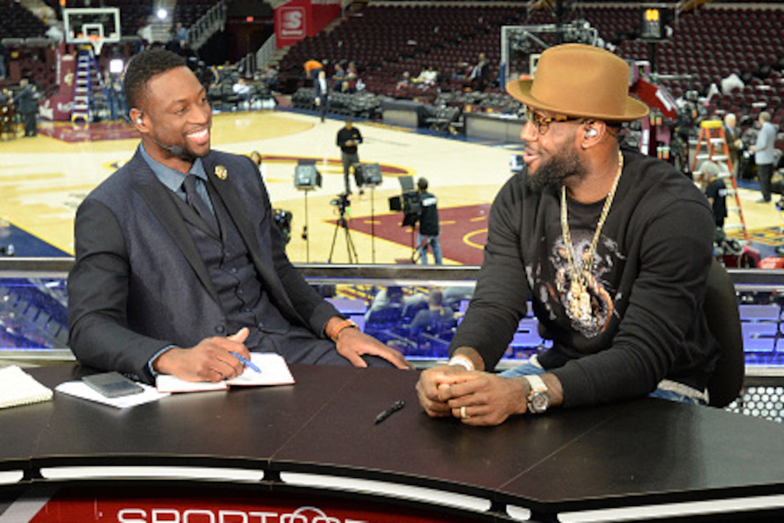 CLEVELAND, OH - JUNE 9: LeBron James #23 of the Cleveland Cavaliers converses with Dwyane Wade on Sports Center after Game Three of the 2015 NBA Finals at The Quicken Loans Arena on June 9, 2015 in Cleveland, Ohio. NOTE TO USER: User expressly acknowledge