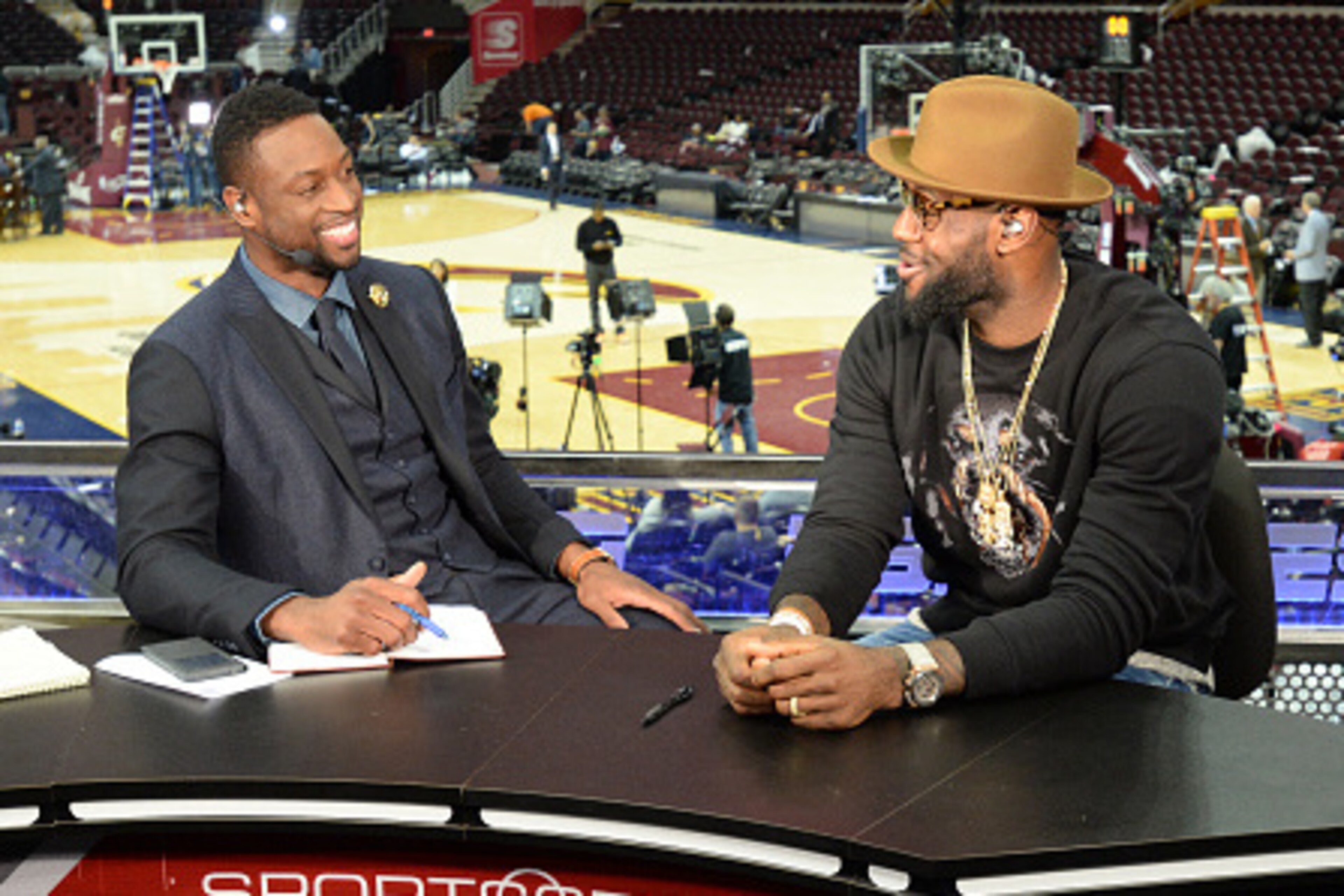 CLEVELAND, OH - JUNE 9: LeBron James #23 of the Cleveland Cavaliers converses with Dwyane Wade on Sports Center after Game Three of the 2015 NBA Finals at The Quicken Loans Arena on June 9, 2015 in Cleveland, Ohio. NOTE TO USER: User expressly acknowledge