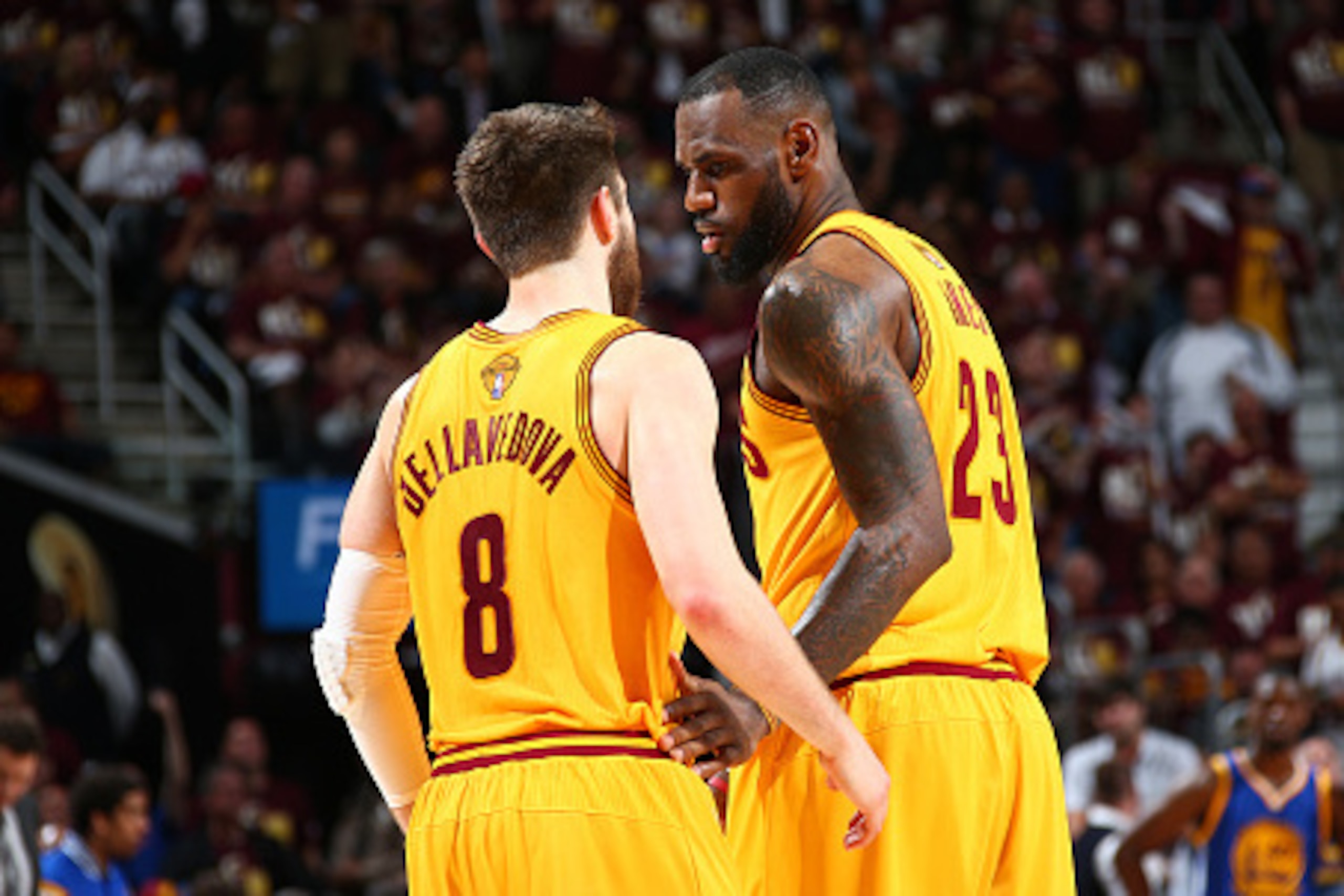 CLEVELAND, OH - JUNE 9:  Teammates Matthew Dellavedova #8 of the Cleveland Cavaliers and LeBron James #23 of the Cleveland Cavaliers together during Game Three of the 2015 NBA Finals at The Quicken Loans Arena on June 9, 2015 in Cleveland, Ohio. NOTE TO U