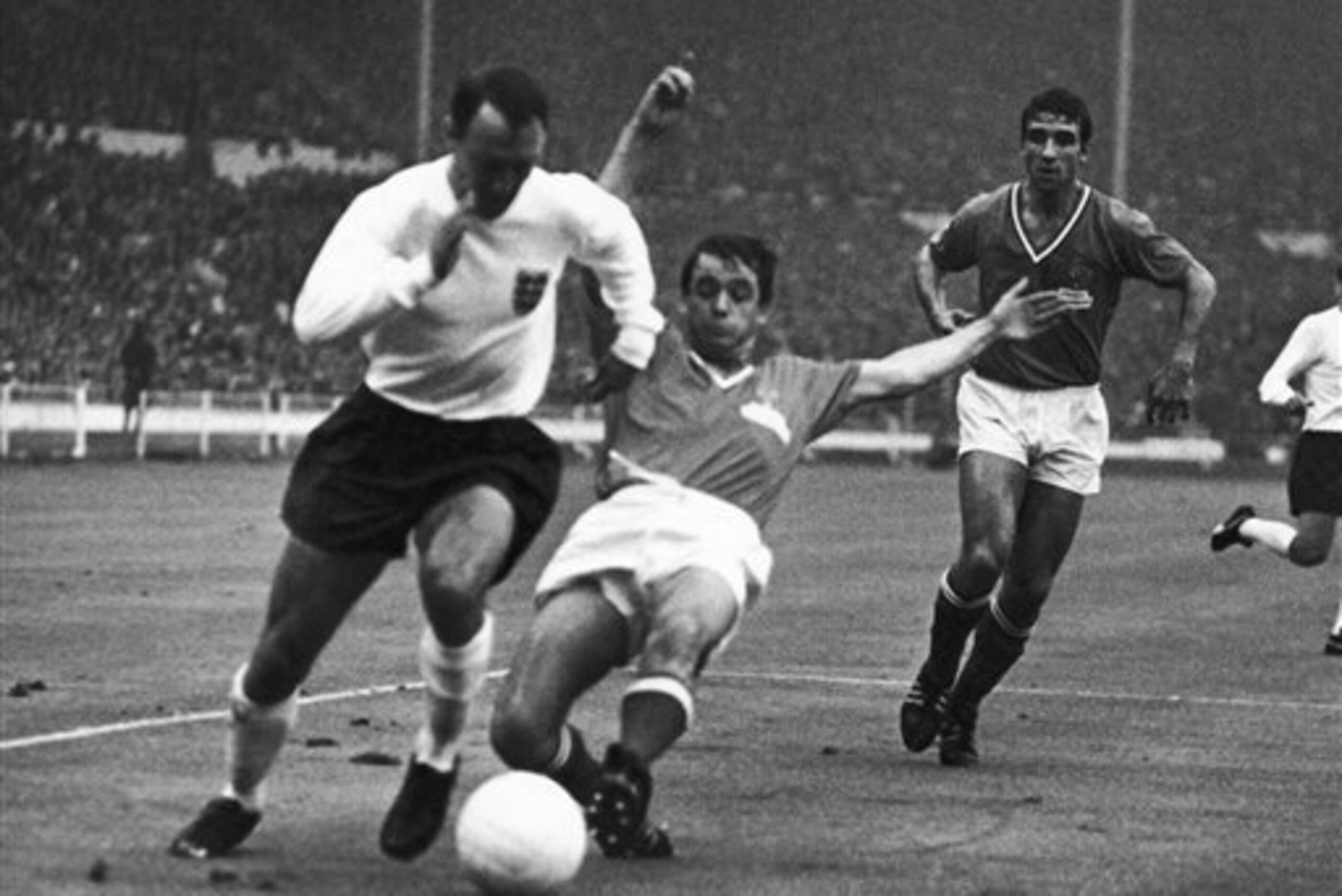 Jimmy Greaves charges into the penalty area during England's match against France in the 1966 World Cup. Jimmy Greaves charges into the penalty area during England's match against France in the 1966 World Cup.