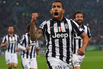 TURIN, ENGLAND - MAY 05:  Carlos Tevez of Juventus celebrates as he scores their second goal from a penalty during the UEFA Champions League semi final first leg match between Juventus and Real Madrid CF at Juventus Arena on May 5, 2015 in Turin, Italy.  