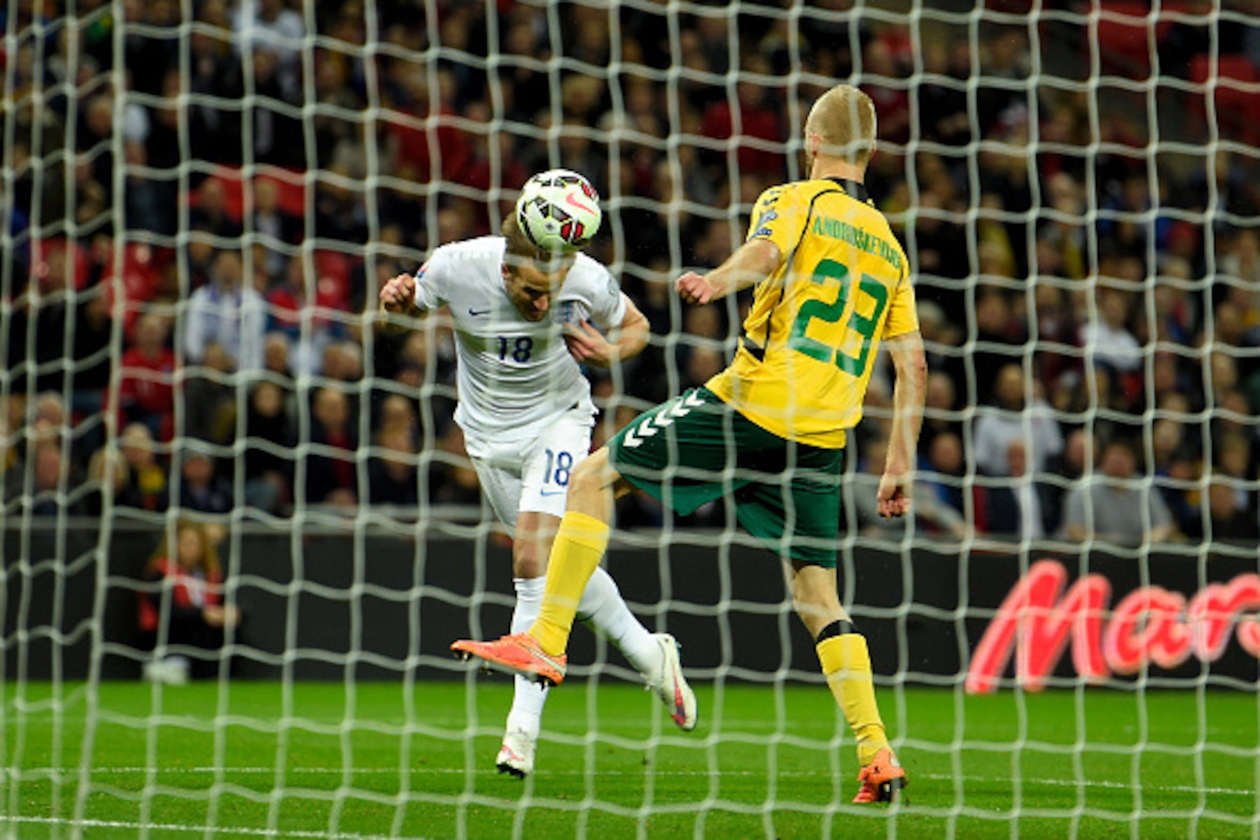 LONDON, ENGLAND - MARCH 27: Harry Kane of England scores the fourth goal during the EURO 2016 Qualifier match between England and Lithuania at Wembley Stadium on March 27, 2015 in London, England. (Photo by Mike Hewitt/Getty Images) LONDON, ENGLAND - MARCH 27: Harry Kane of England scores the fourth goal during the EURO 2016 Qualifier match between England and Lithuania at Wembley Stadium on March 27, 2015 in London, England. (Photo by Mike Hewitt/Getty Images)