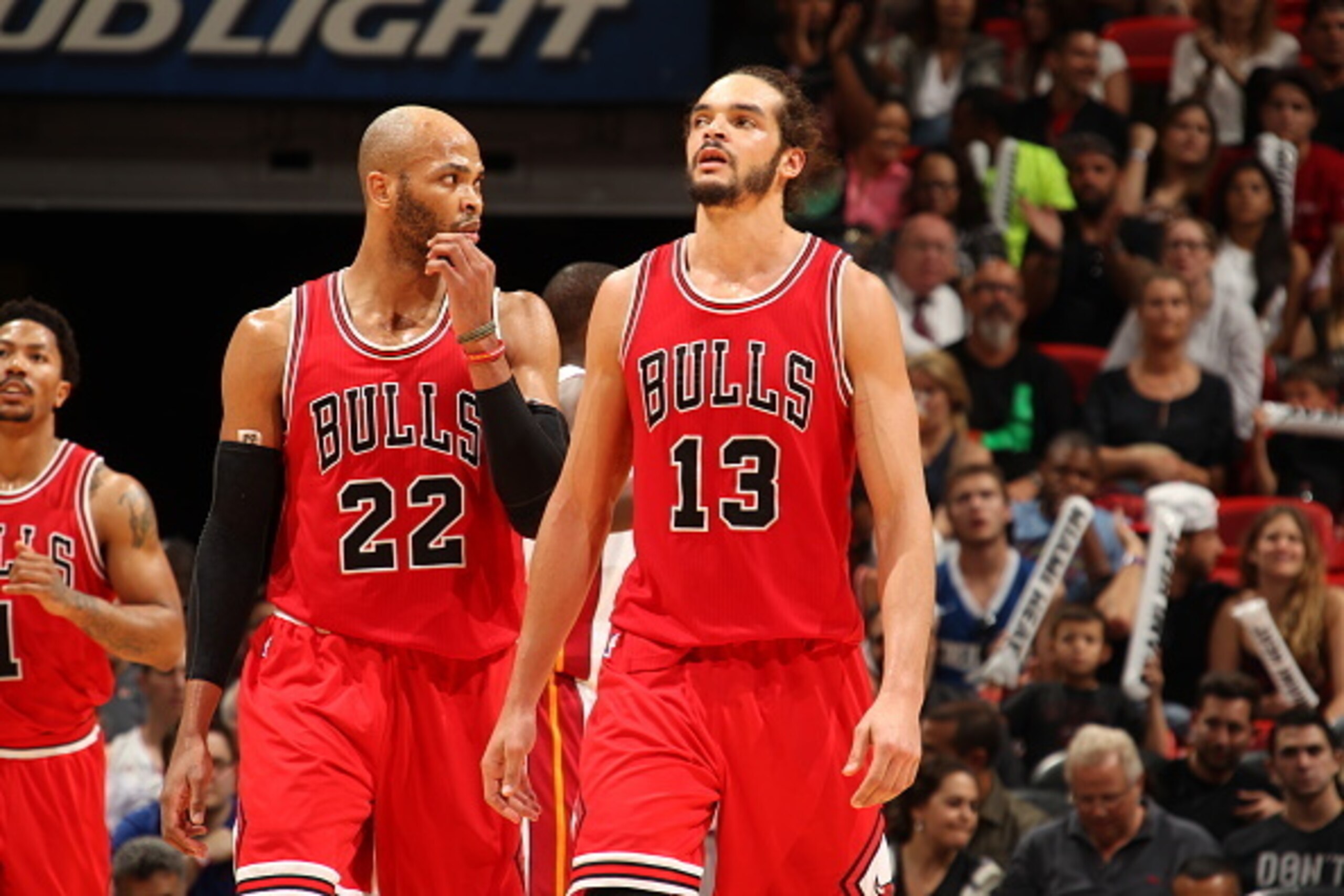MIAMI, FL - APRIL 9: Taj Gibson #22 and Joakim Noah #13 of the Chicago Bulls during the game against the Miami Heat on April 9, 2015 at AmericanAirlines Arena in Miami, Florida. NOTE TO USER: User expressly acknowledges and agrees that, by downloading and MIAMI, FL - APRIL 9: Taj Gibson #22 and Joakim Noah #13 of the Chicago Bulls during the game against the Miami Heat on April 9, 2015 at AmericanAirlines Arena in Miami, Florida. NOTE TO USER: User expressly acknowledges and agrees that, by downloading and
