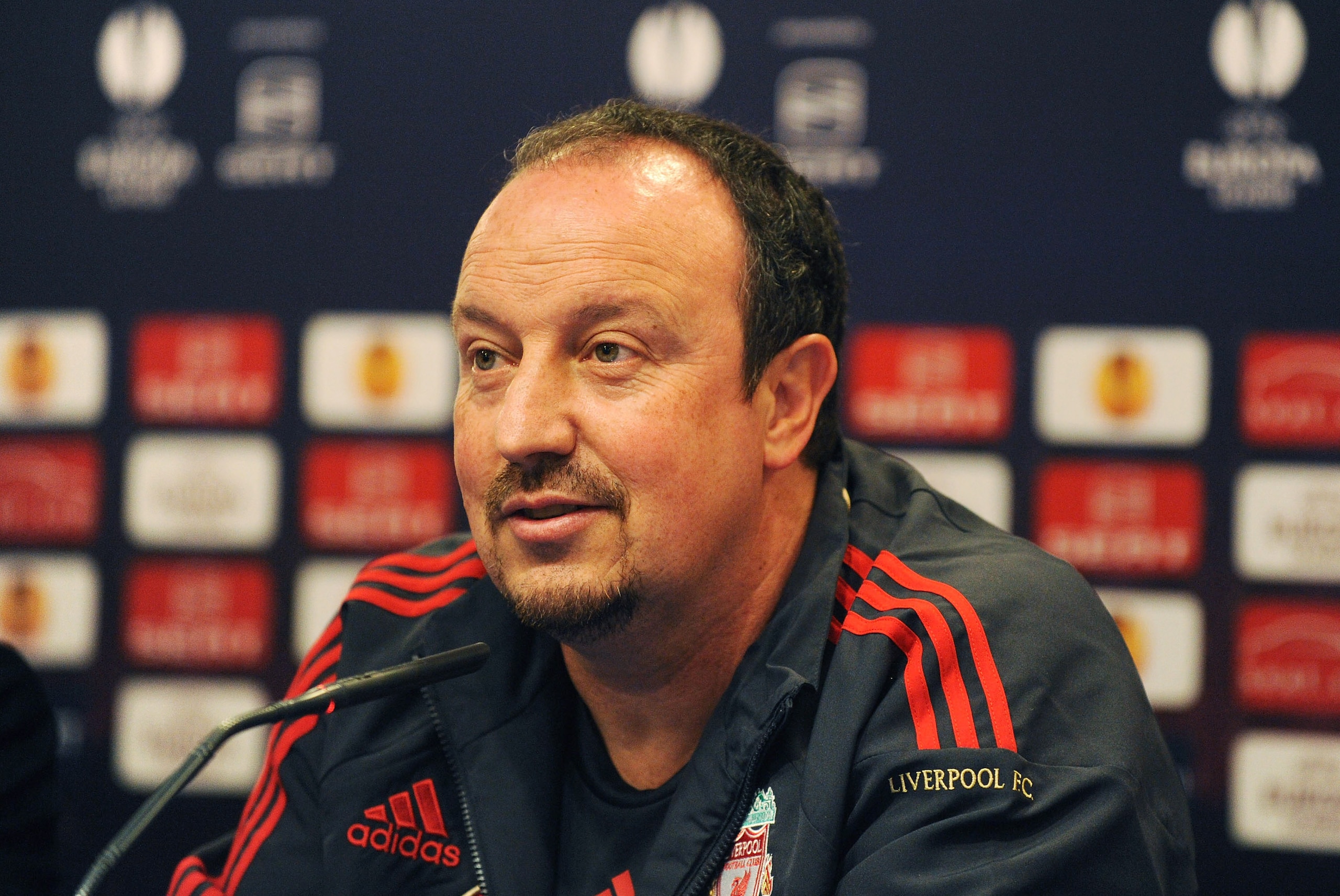 MADRID, SPAIN - APRIL 21:  Liverpool manager Rafa Benitez answers a question during the team press conference at the Vicente Calderon stadium on April 21, 2010 in Madrid, Spain. Liverpool play Atletico Madrid April 22 in the UEFA Europa League semi-finals