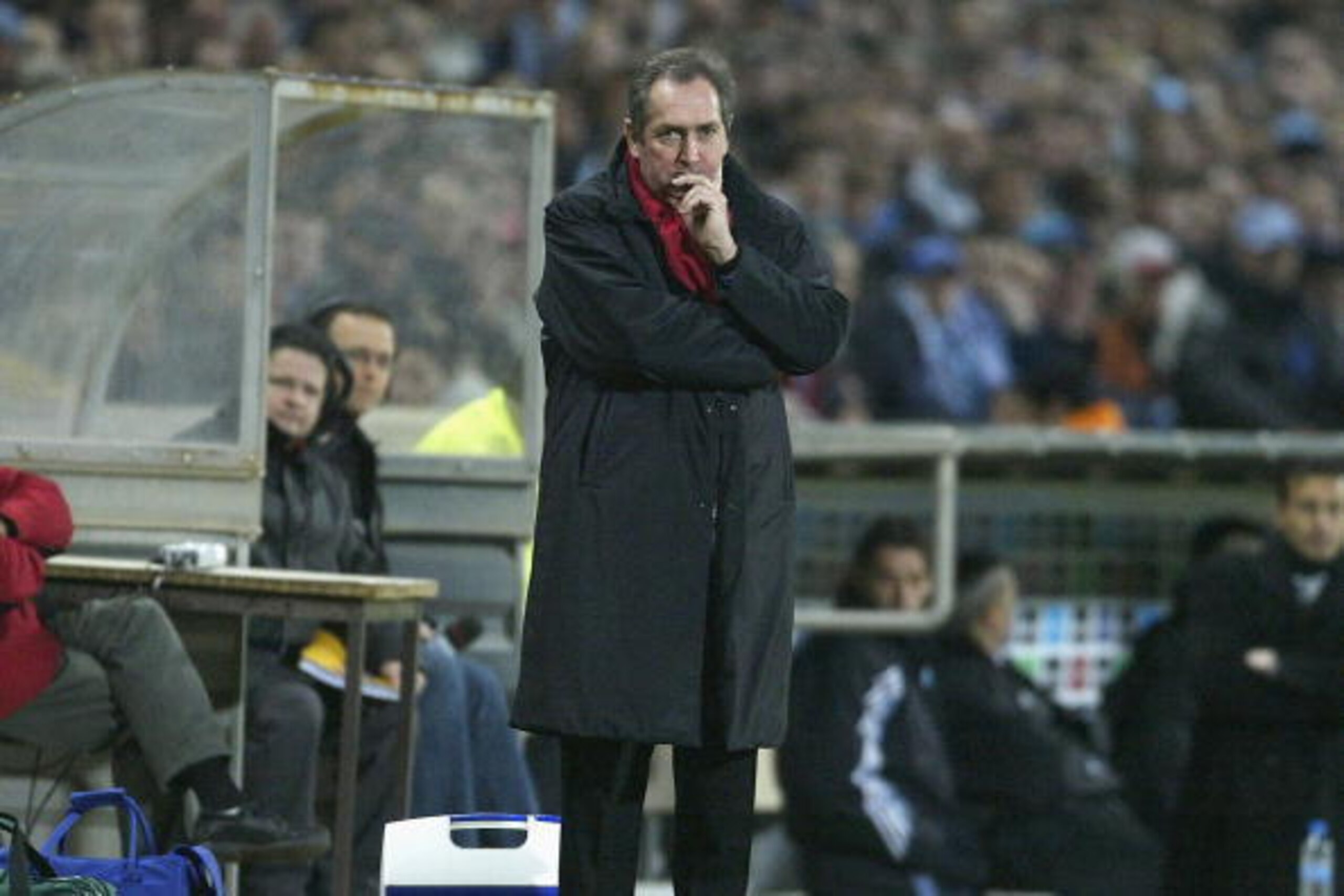 MARSEILLE, FRANCE - MARCH 25:  Gerard Houllier the manager of Liverpool looks dejected as his team is defeated by Marseille during the UEFA Cup Fourth Round match between Marseille and Liverpool at The Velodrome on March 25, 2004 in Marseille, France.  (P