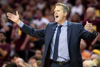 Jun 9, 2015; Cleveland, OH, USA; Golden State Warriors head coach Steve Kerr reacts to a play during the third quarter against the Cleveland Cavaliers in game three of the NBA Finals at Quicken Loans Arena. Mandatory Credit: Bob Donnan-USA TODAY Sports
