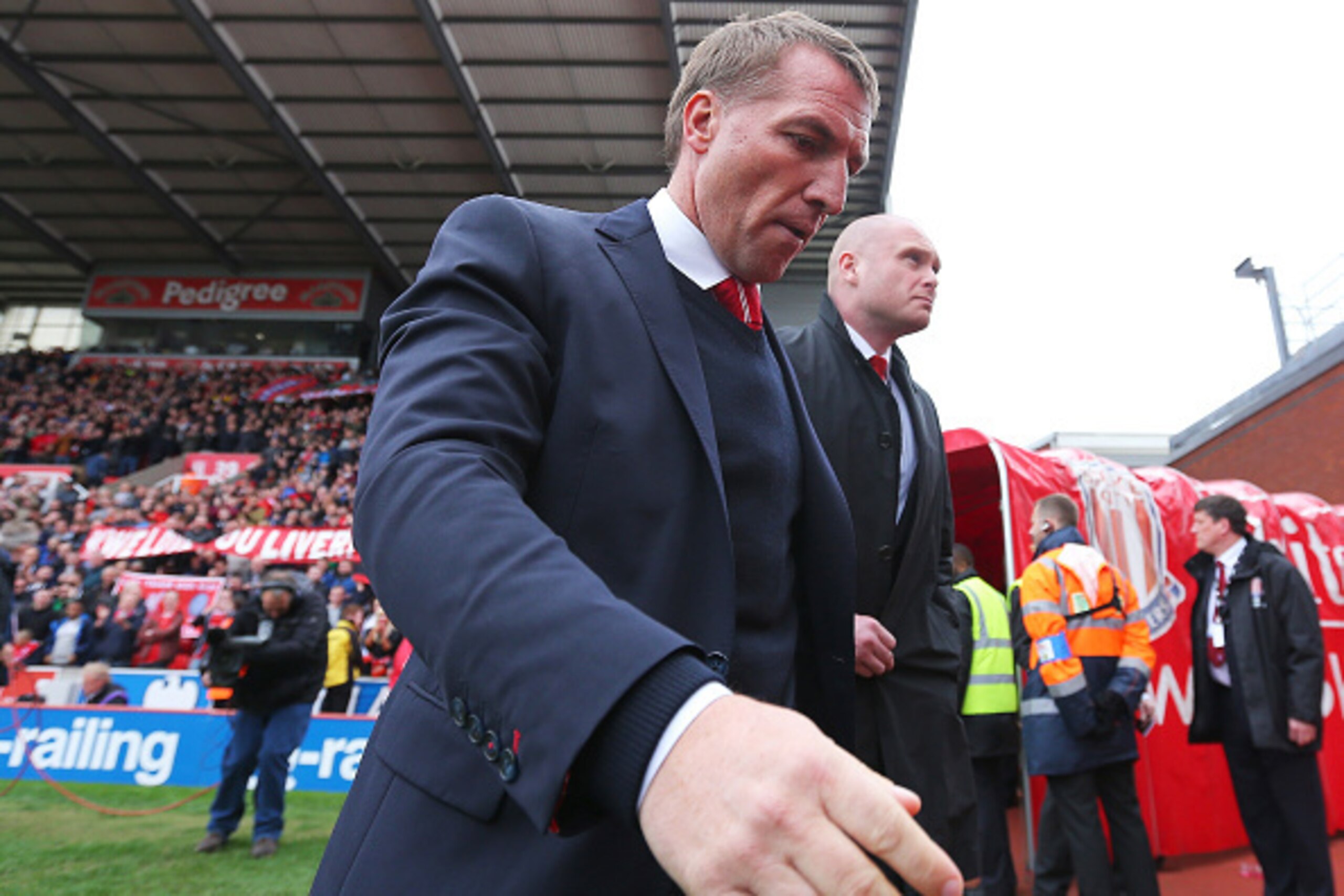 STOKE ON TRENT, ENGLAND - MAY 24: Brendan Rodgers manager of Liverpool looks on during the Barclays Premier League match between Stoke City and Liverpool at Britannia Stadium on May 24, 2015 in Stoke on Trent, England.  (Photo by Dave Thompson/Getty Image
