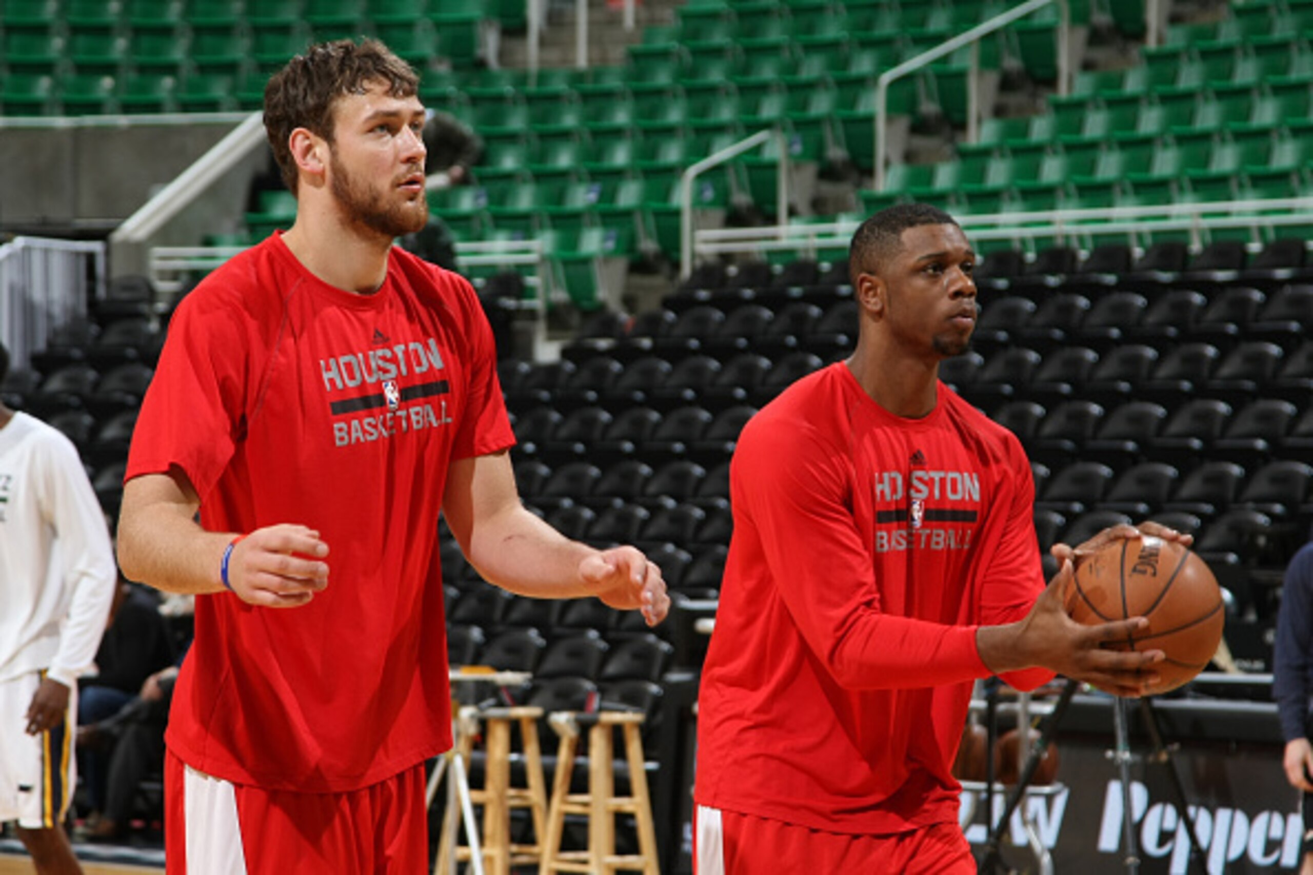 SALT LAKE CITY, UT - MARCH 12:  Donatas Motiejunas #20 of the Houston Rockets and Terrence Jones #6 of the Houston Rockets warms up before the game against the Utah Jazz on March 12, 2015 at EnergySolutions Arena in Salt Lake City, Utah. NOTE TO USER: Use