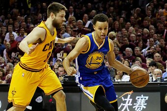 CLEVELAND, OH - JUNE 09:  Stephen Curry #30 of the Golden State Warriors drives against Matthew Dellavedova #8 of the Cleveland Cavaliers in the first quarter during Game Three of the 2015 NBA Finals at Quicken Loans Arena on June 9, 2015 in Cleveland, Oh