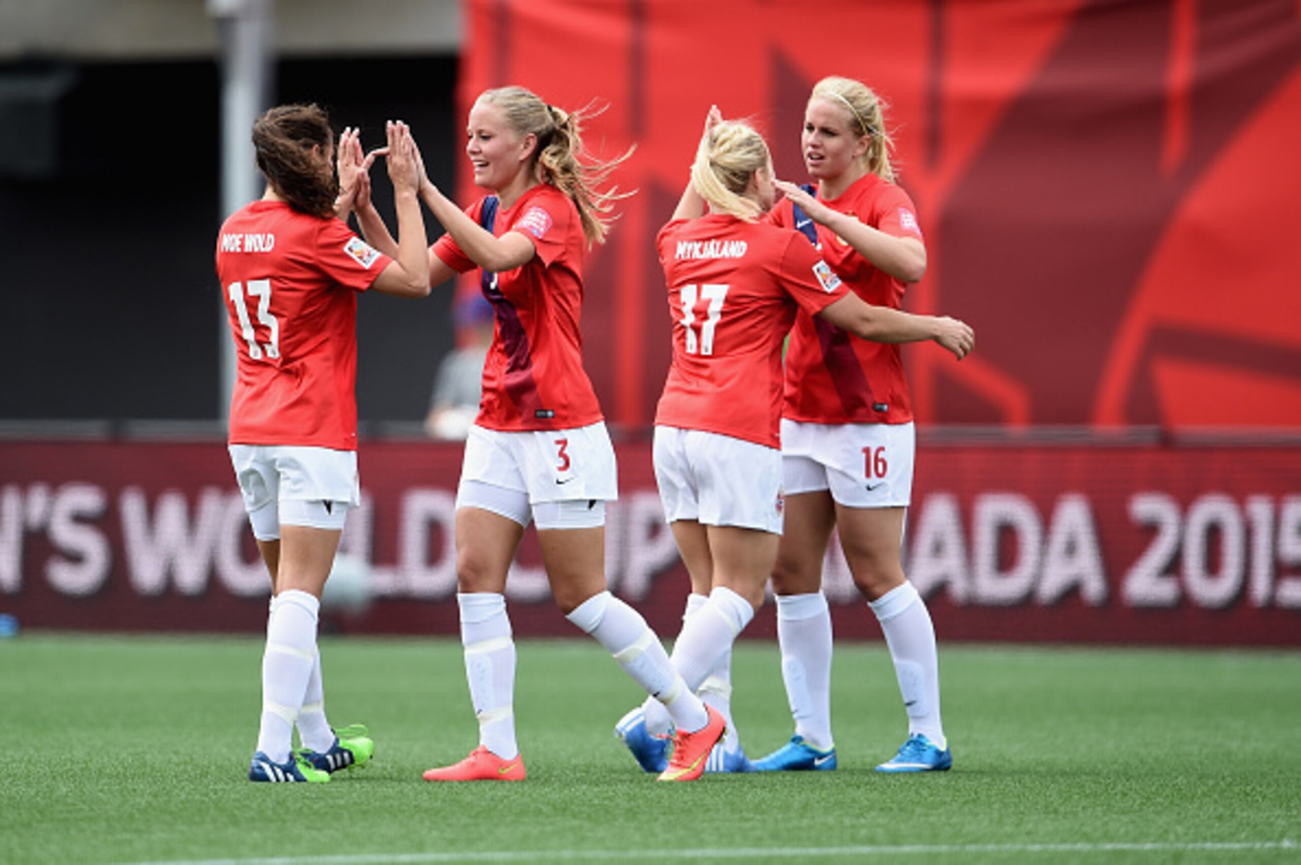 OTTAWA, ON - JUNE 07:  Norway players celebrate after the FIFA Women's  World Cup Canada 2015 Group B match between Norway and Thailand at Lansdowne Stadium on June 7, 2015 in Ottawa, Canada.  (Photo by Dennis Grombkowski/Getty Images)