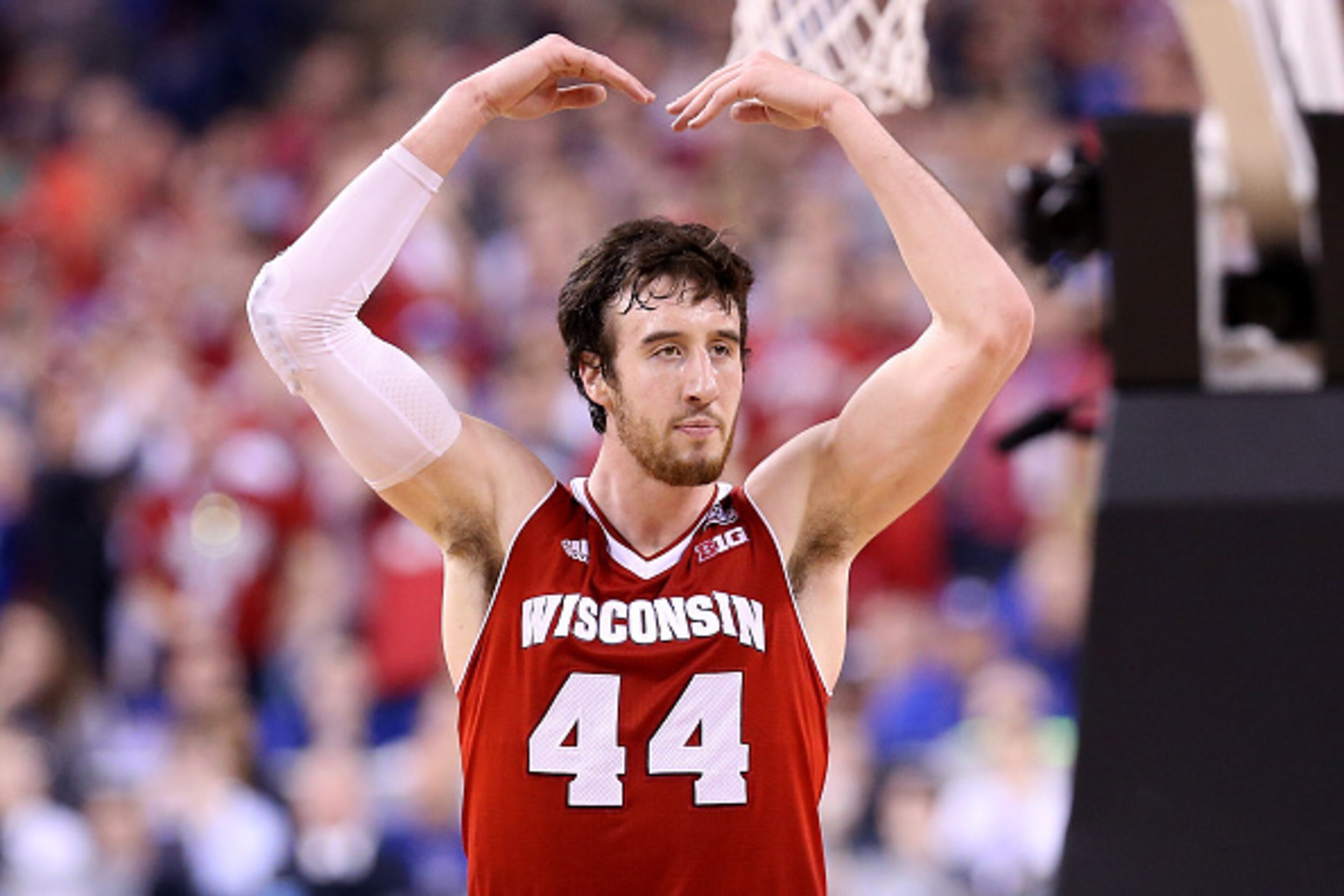 INDIANAPOLIS, IN - APRIL 06: Frank Kaminsky #44 of the Wisconsin Badgers reacts after a play in the second half against the Duke Blue Devils during the NCAA Men's Final Four National Championship at Lucas Oil Stadium on April 6, 2015 in Indianapolis, Indi