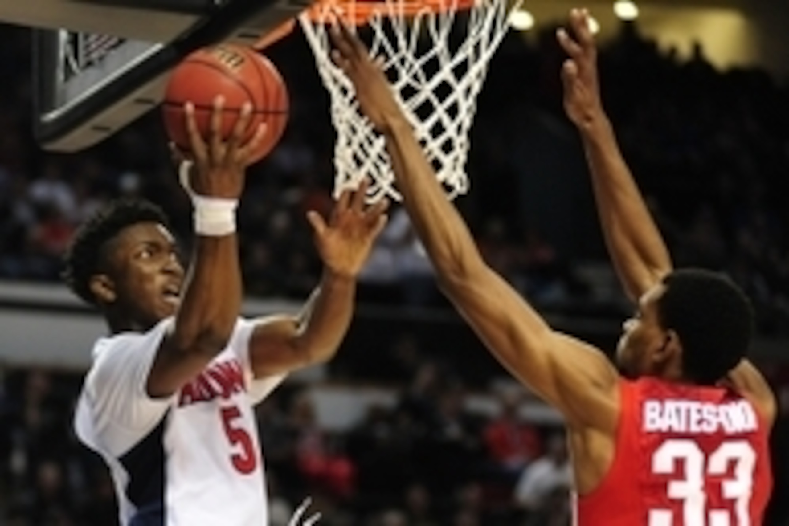 Mar 21, 2015; Portland, OR, USA; Arizona Wildcats forward Stanley Johnson (5) shoots the basketball against Ohio State Buckeyes forward Keita Bates-Diop (33) during the second half in the third round of the 2015 NCAA Tournament at Moda Center. The Wildcat