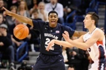 Feb 28, 2015; Spokane, WA, USA; Brigham Young Cougars guard Frank Bartley IV (24) defends against Gonzaga Bulldogs guard Kyle Dranginis (3) during the first half at McCarthey Athletic Center. Mandatory Credit: James Snook-USA TODAY Sports