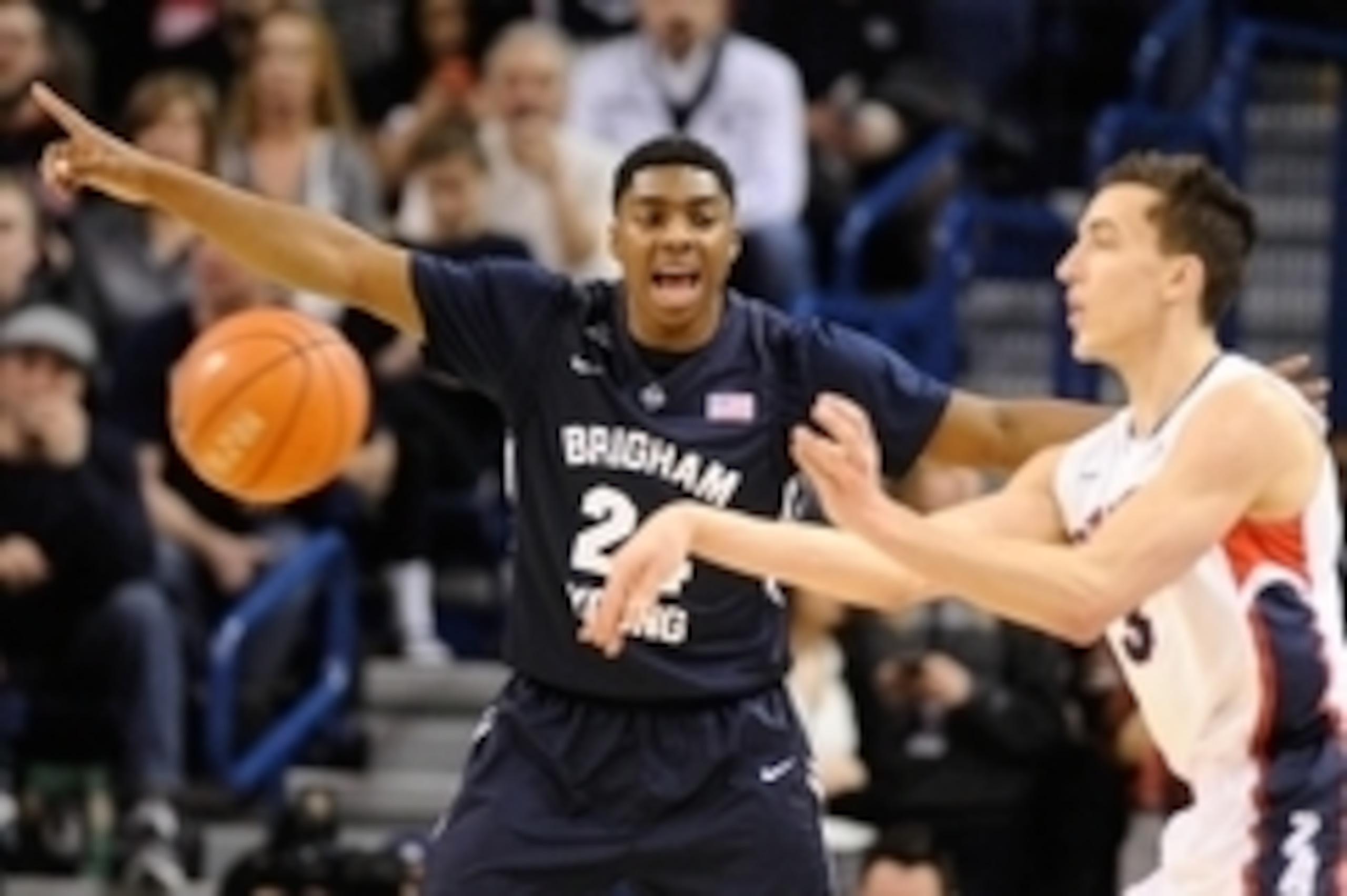 Feb 28, 2015; Spokane, WA, USA; Brigham Young Cougars guard Frank Bartley IV (24) defends against Gonzaga Bulldogs guard Kyle Dranginis (3) during the first half at McCarthey Athletic Center. Mandatory Credit: James Snook-USA TODAY Sports