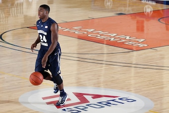 Nov 25, 2014; Lahaina, Maui, HI, USA;  Brigham Young Cougars forward Frank Bartley IV (24) brings the ball up court against the Chaminade Silverswords during the 2014 EA Sports Maui Invitational at the Lahaina Civic Center. Brigham Young defeated Chaminad