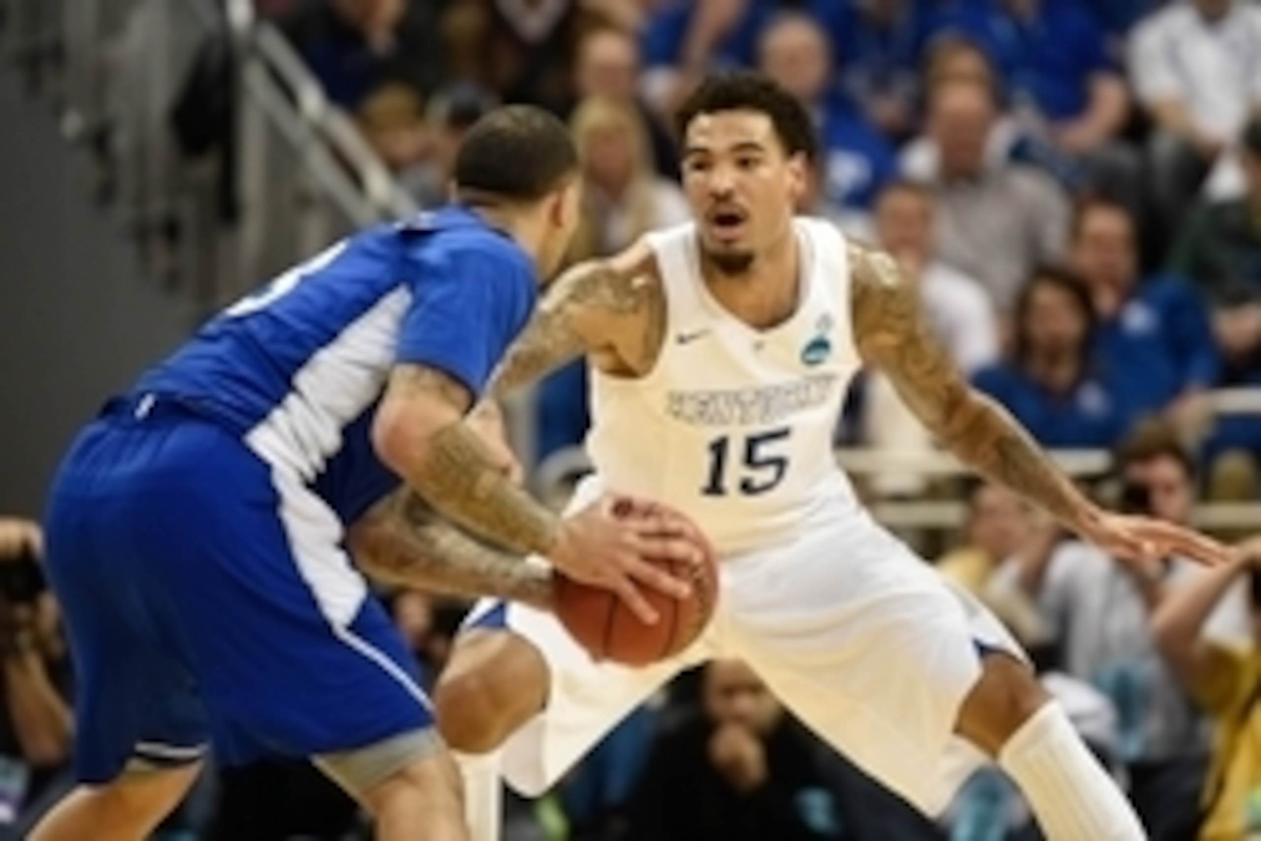 Mar 19, 2015; Louisville, KY, USA; Kentucky Wildcats forward Willie Cauley-Stein (15) pressures Hampton Pirates guard Quinton Chievous (3) during the first half in the second round of the 2015 NCAA Tournament at KFC Yum! Center. Kentucky wins 79-56. Manda