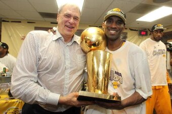 LOS ANGELES - JUNE 17:  Head Coach Phil Jackson and Kobe Bryant #24 of the Los Angeles Lakers celebrates in the locker room after Game Seven of the 2010 NBA Finals on June 17, 2010 at Staples Center in Los Angeles, California.  The Lakers defeated the Cel