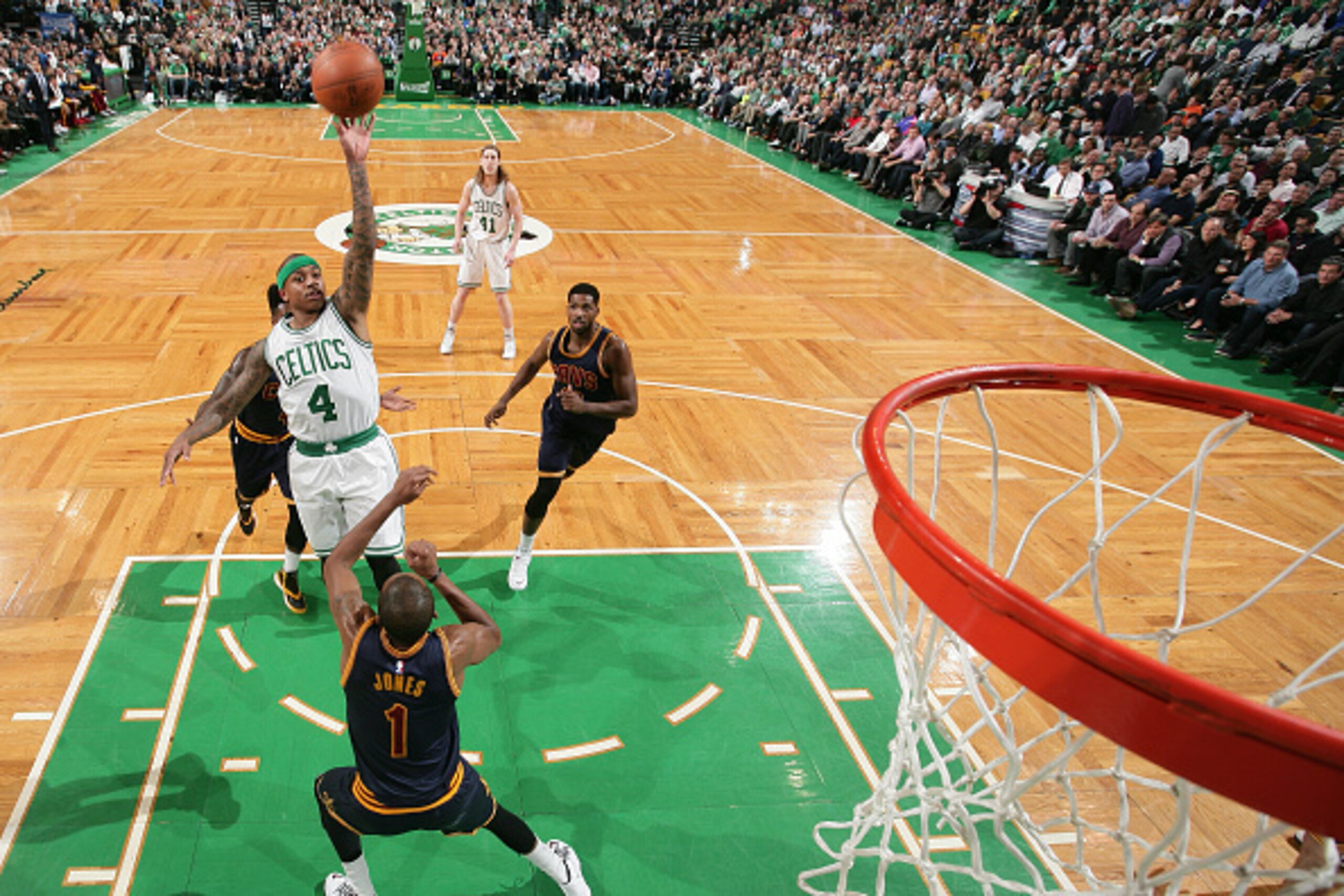 BOSTON, MA - APRIL 23:  Isaiah Thomas #4 of the Boston Celtics goes up for a shot against the Cleveland Cavaliers during Game Three of the Eastern Conference Quarterfinals of the 2015 NBA Playoffs on April 23, 2015 at the TD Garden in Boston, Massachusett