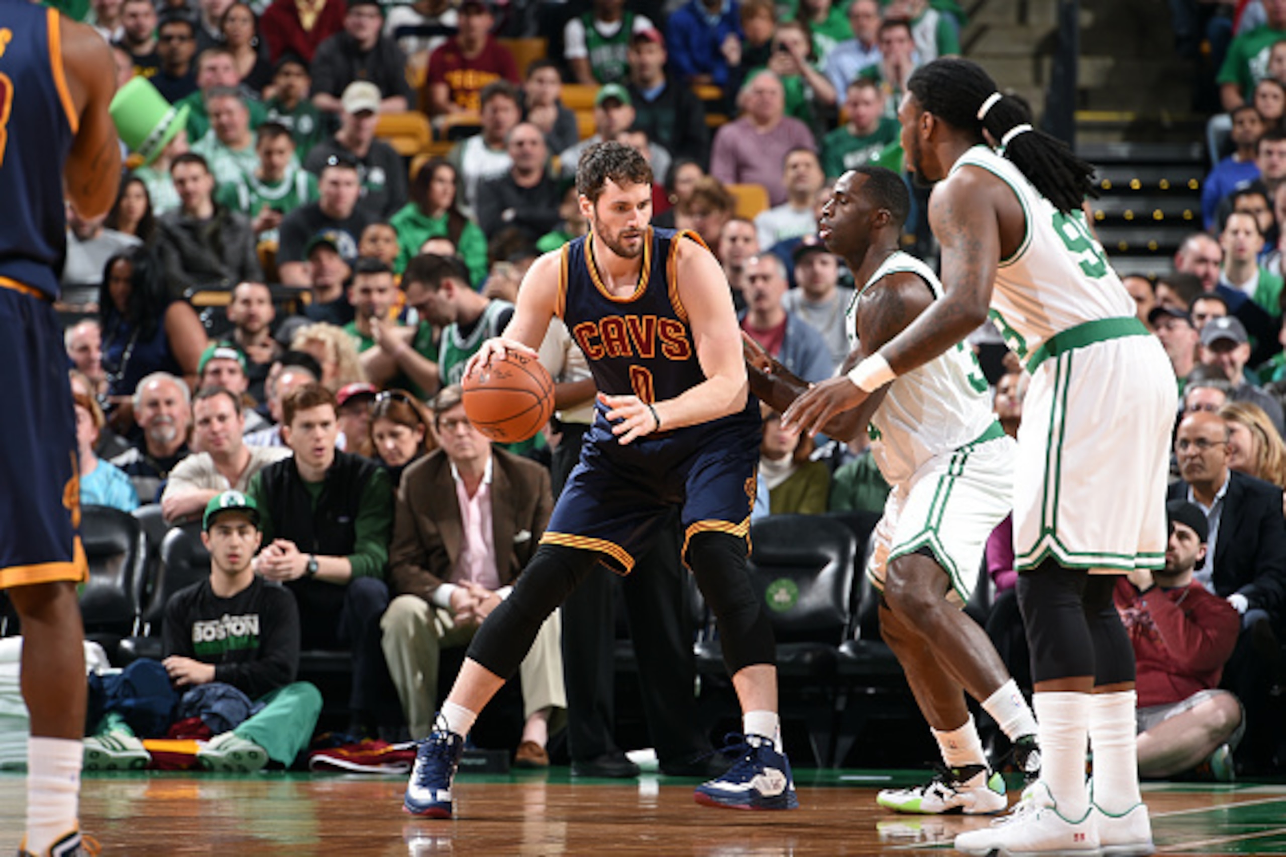 BOSTON, MA - APRIL 26: Kevin Love #0 of the Cleveland Cavaliers handles the ball against the Boston Celtics in Game Four of the Eastern Conference Quarterfinals during the 2015 NBA Playoffs on April 26, 2015 at TD Garden in Boston, Massachusetts. NOTE TO 