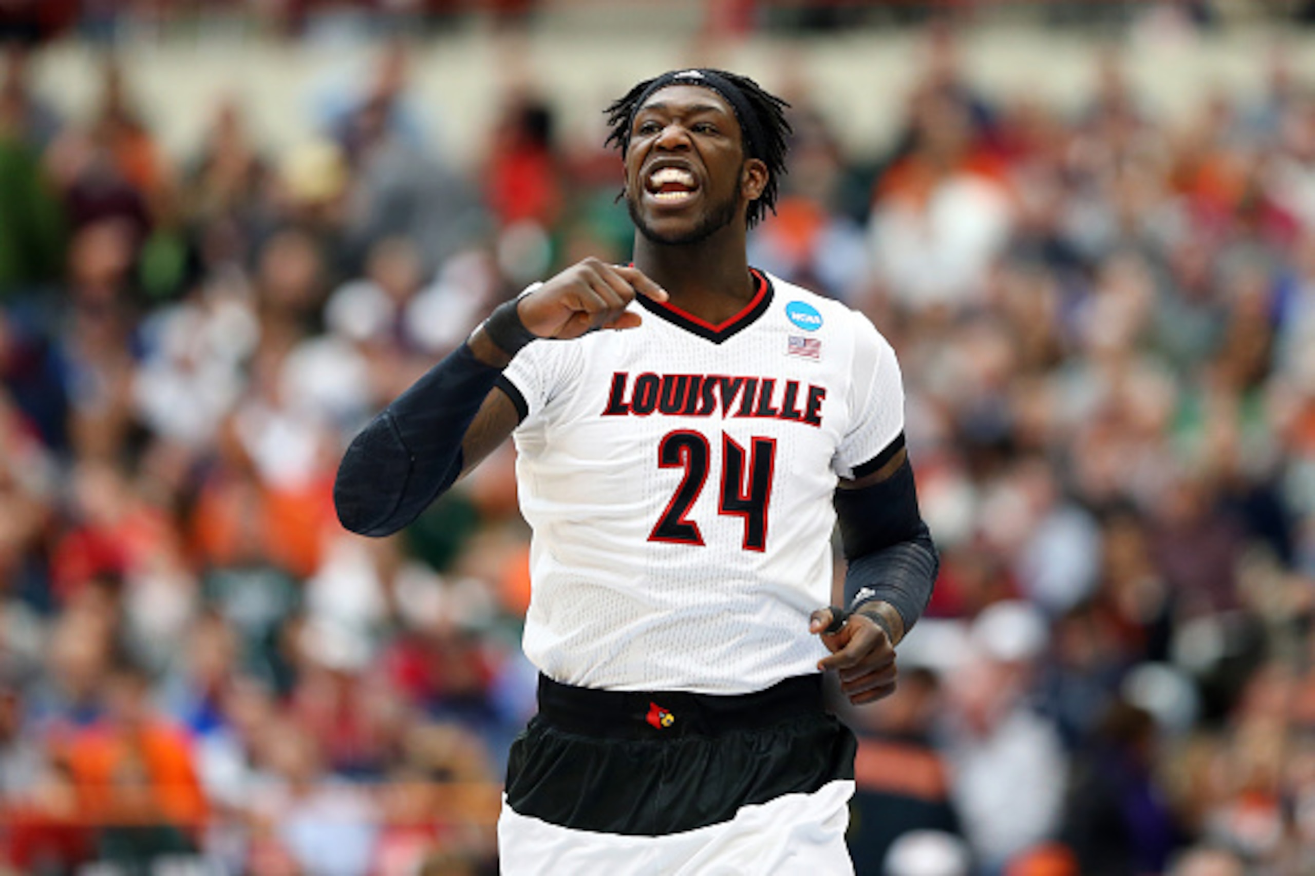 SYRACUSE, NY - MARCH 29: Montrezl Harrell #24 of the Louisville Cardinals reacts in the first half of the game against the Michigan State Spartans during the East Regional Final of the 2015 NCAA Men's Basketball Tournament at Carrier Dome on March 29, 20 SYRACUSE, NY - MARCH 29: Montrezl Harrell #24 of the Louisville Cardinals reacts in the first half of the game against the Michigan State Spartans during the East Regional Final of the 2015 NCAA Men's Basketball Tournament at Carrier Dome on March 29, 20
