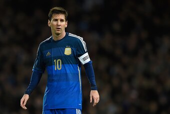 LONDON, ENGLAND - NOVEMBER 12:  Lionel Messi of Argentina looks on during an International Friendly between Argentina and Croatia at Boleyn Ground on November 12, 2014 in London, England.  (Photo by Mike Hewitt/Getty Images)