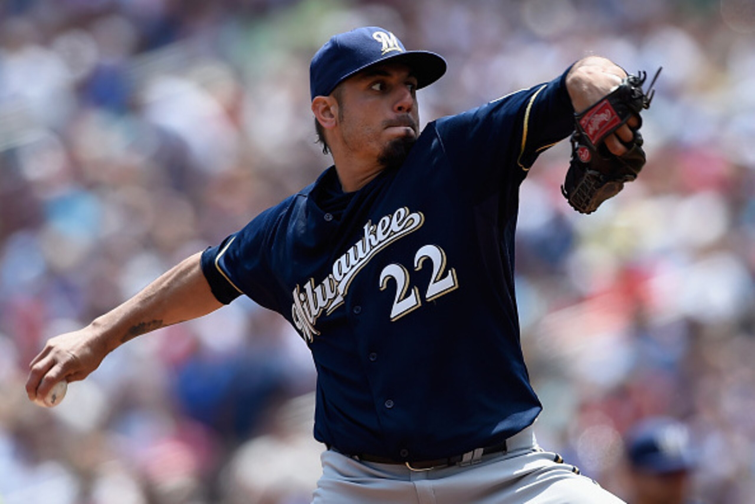 MINNEAPOLIS, MN - JUNE 6: Matt Garza #22 of the Milwaukee Brewers delivers a pitch against the Minnesota Twins during the first inning of the game on June 6, 2015 at Target Field in Minneapolis, Minnesota. (Photo by Hannah Foslien/Getty Images)