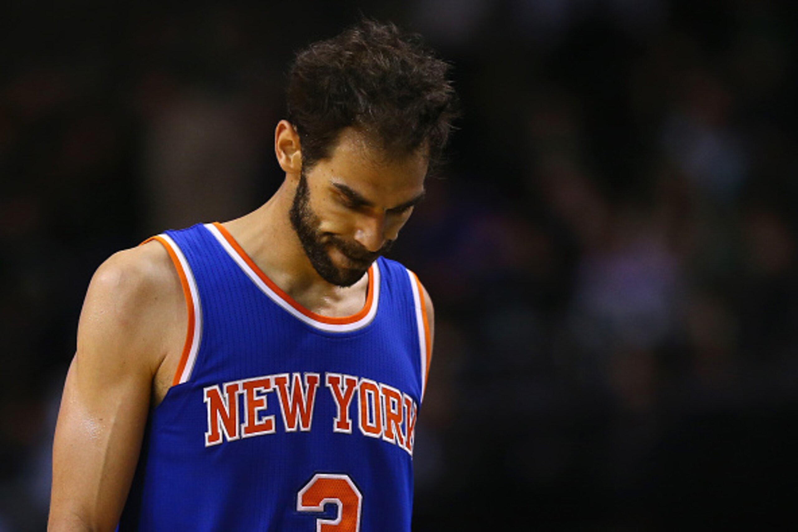 BOSTON, MA - FEBRUARY 25:  Jose Calderon #3 of the New York Knicks looks on during the game against the Boston Celtics at TD Garden on February 25, 2015 in Boston, Massachusetts. NOTE TO USER: User expressly acknowledges and agrees that, by downloading an