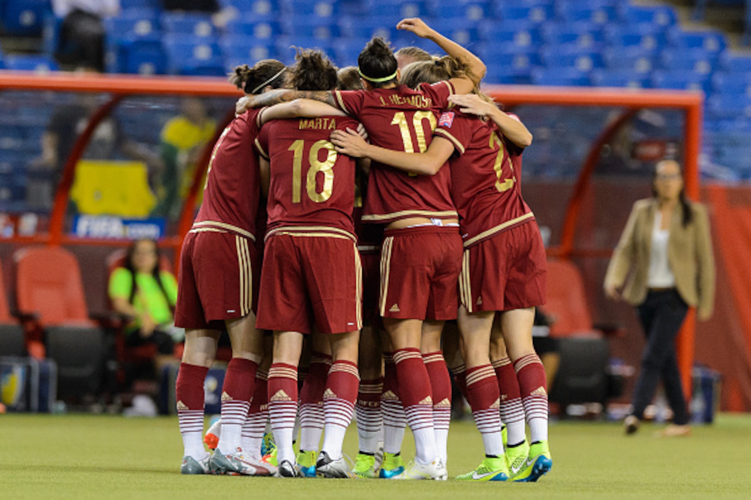 MONTREAL, QC - JUNE 09:  Spain celebrates a goal by Vicky Losada #14 during the 2015 FIFA Women's World Cup Group E match against Costa Rica at Olympic Stadium on June 9, 2015 in Montreal, Quebec, Canada. (Photo by Minas Panagiotakis/Getty Images)