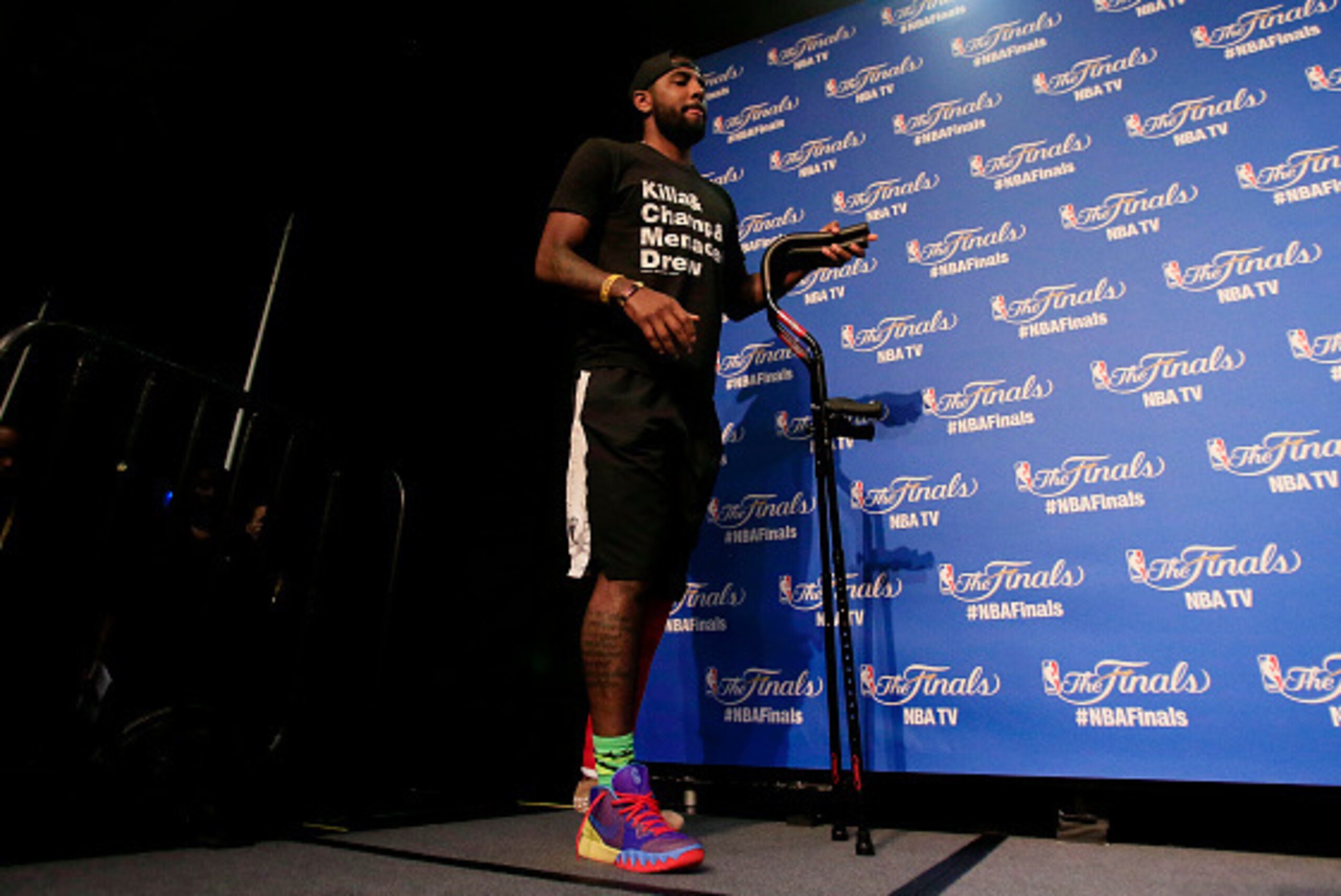 CLEVELAND, OH - JUNE 10:  Kyrie Irving #2 of the Cleveland Cavaliers arrives to speak to the media during media availability for the 2015 NBA Finals against the Golden State Warriors  at Quicken Loans Arena on June 10, 2015 in Cleveland, Ohio. NOTE TO USE