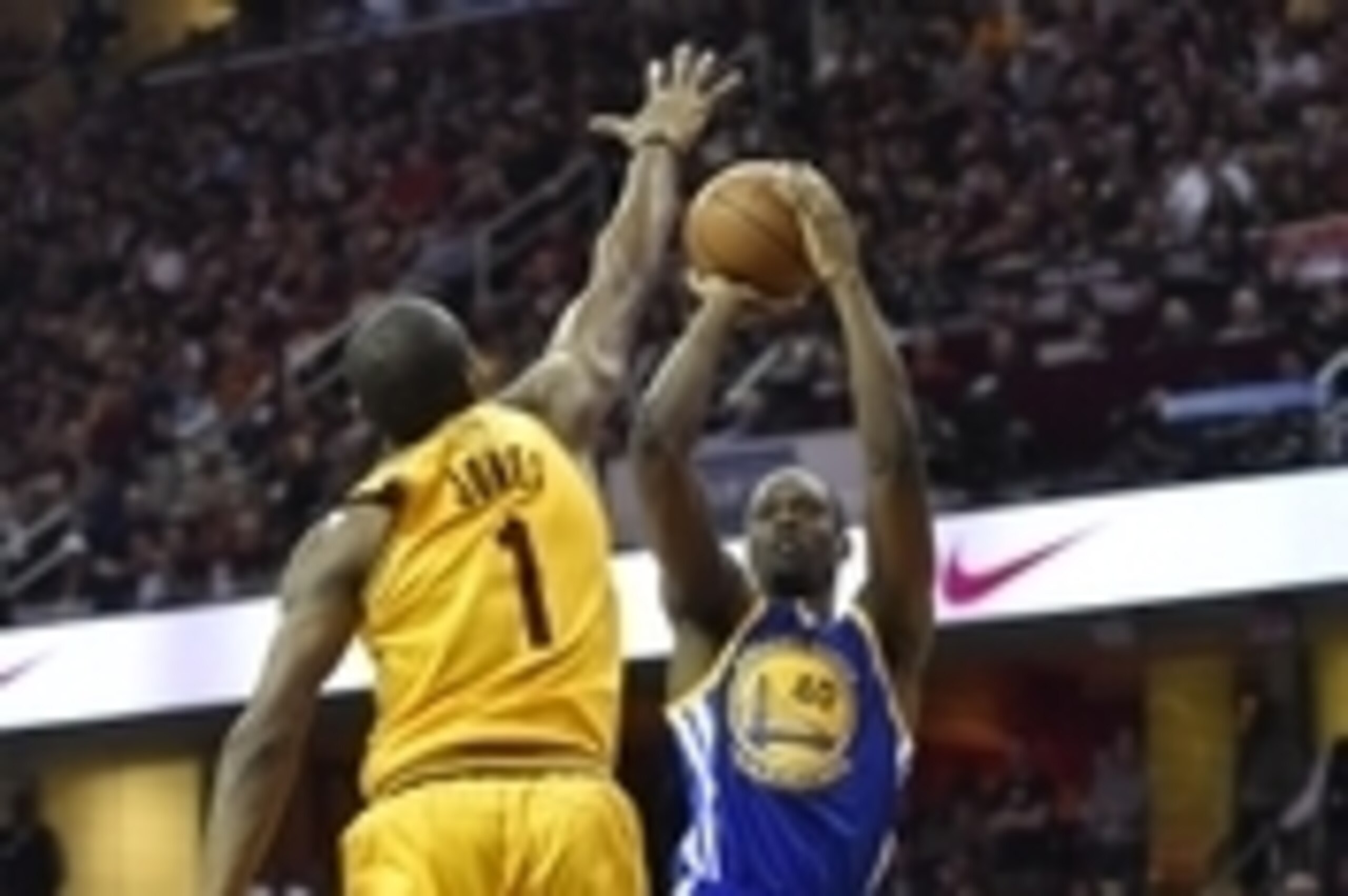 Jun 9, 2015; Cleveland, OH, USA; Golden State Warriors forward Harrison Barnes (40) shoots the ball over Cleveland Cavaliers forward James Jones (1) during the second quarter in game three of the NBA Finals at Quicken Loans Arena. Mandatory Credit: Bob Do Jun 9, 2015; Cleveland, OH, USA; Golden State Warriors forward Harrison Barnes (40) shoots the ball over Cleveland Cavaliers forward James Jones (1) during the second quarter in game three of the NBA Finals at Quicken Loans Arena. Mandatory Credit: Bob Do