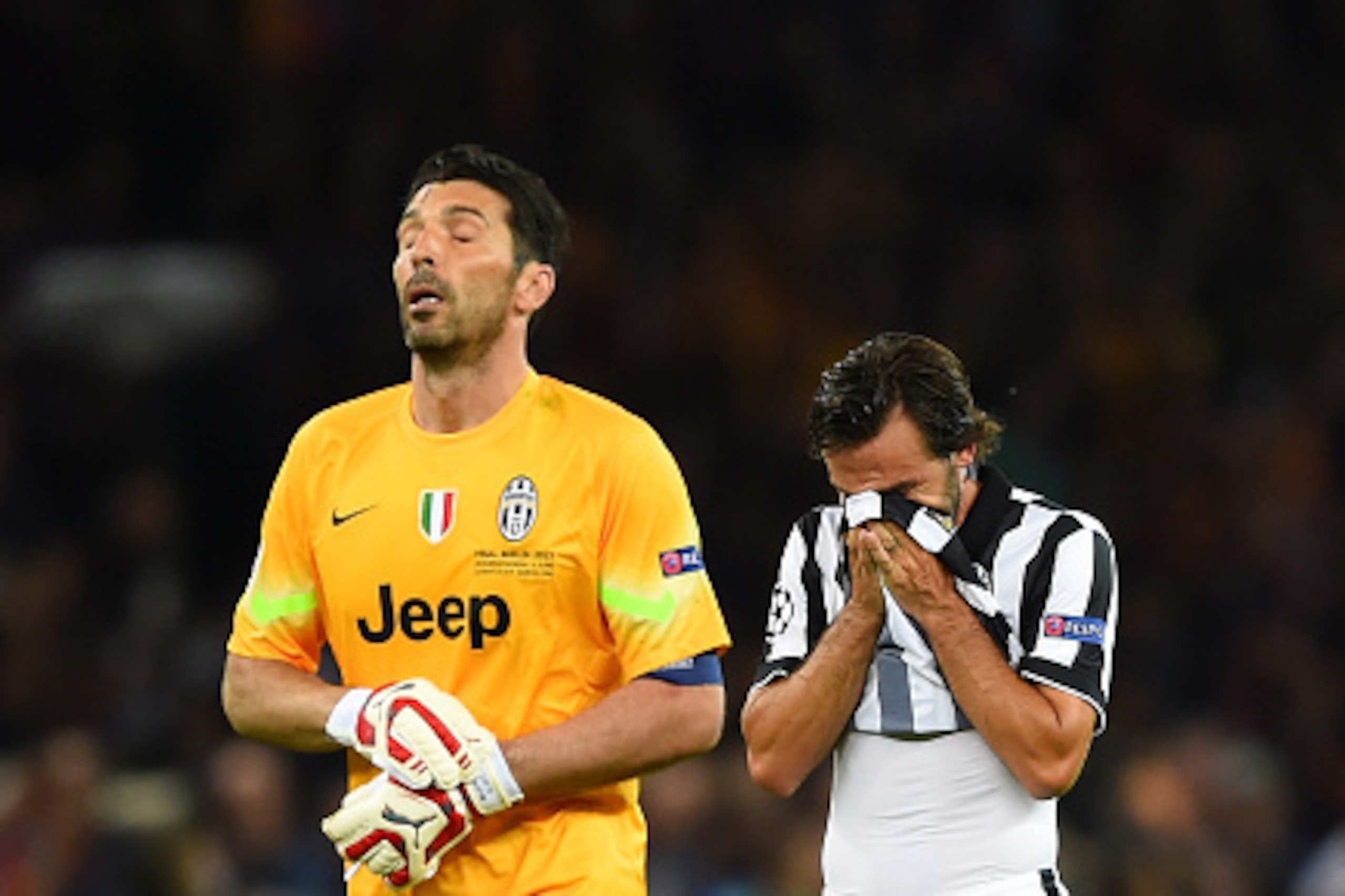 BERLIN, GERMANY - JUNE 06: Gianluigi Buffon (L) and Andrea Pirlo of Juventus look dejected after the UEFA Champions League Final between Juventus and FC Barcelona at Olympiastadion on June 6, 2015 in Berlin, Germany.  (Photo by Shaun Botterill/Getty Image