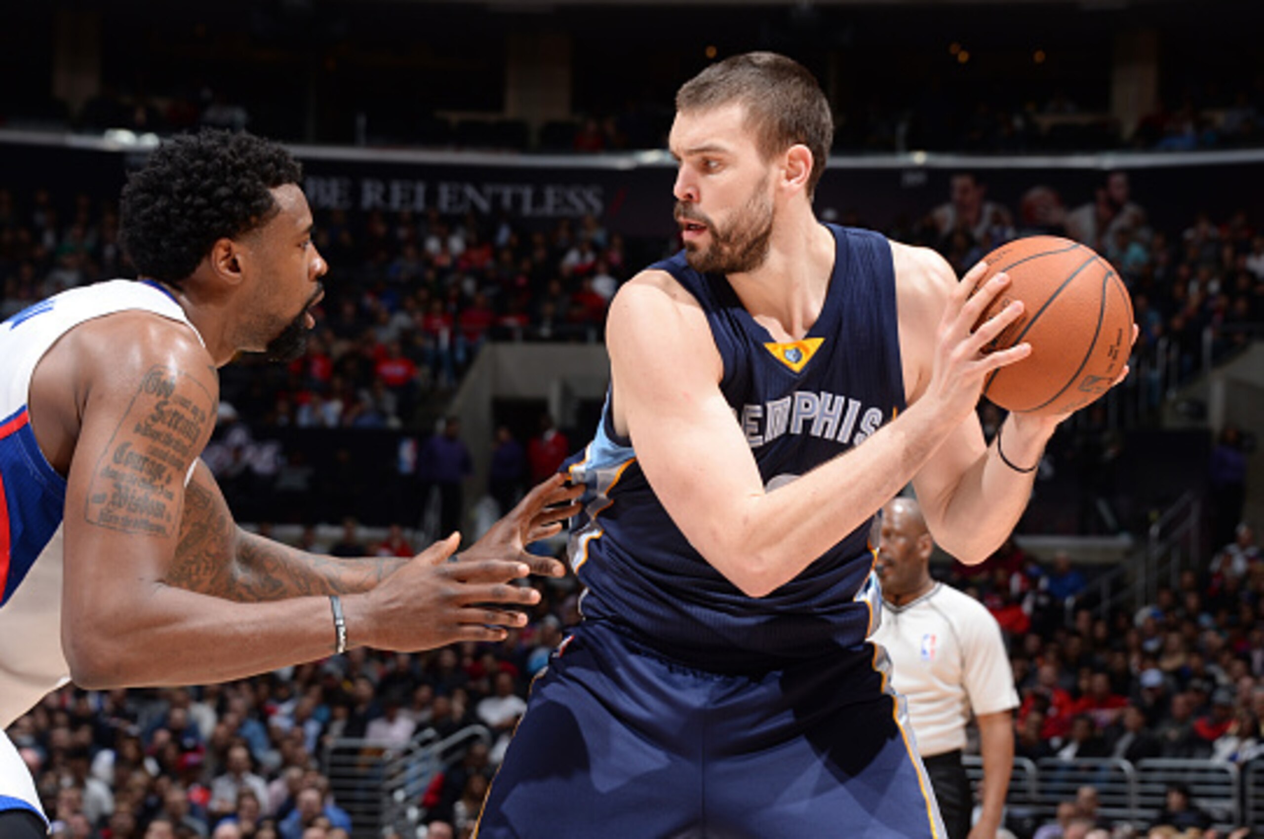 LOS ANGELES, CA - FEBRUARY 23: Marc Gasol #33 of the Memphis Grizzlies defends the ball against DeAndre Jordan #6 of the Los Angeles Clippers during the game on February 23, 2015 at STAPLES Center in Los Angeles, California. NOTE TO USER: User expressly a