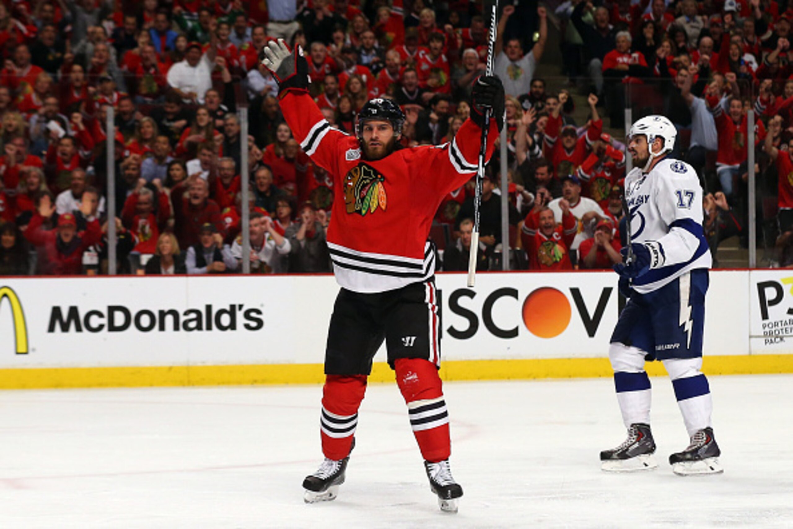 CHICAGO, IL - JUNE 08:  Brandon Saad #20 of the Chicago Blackhawks celebrates a third period goal against the Tampa Bay Lightning during Game Three of the 2015 NHL Stanley Cup Final at the United Center on June 8, 2015 in Chicago, Illinois.  (Photo by Bru