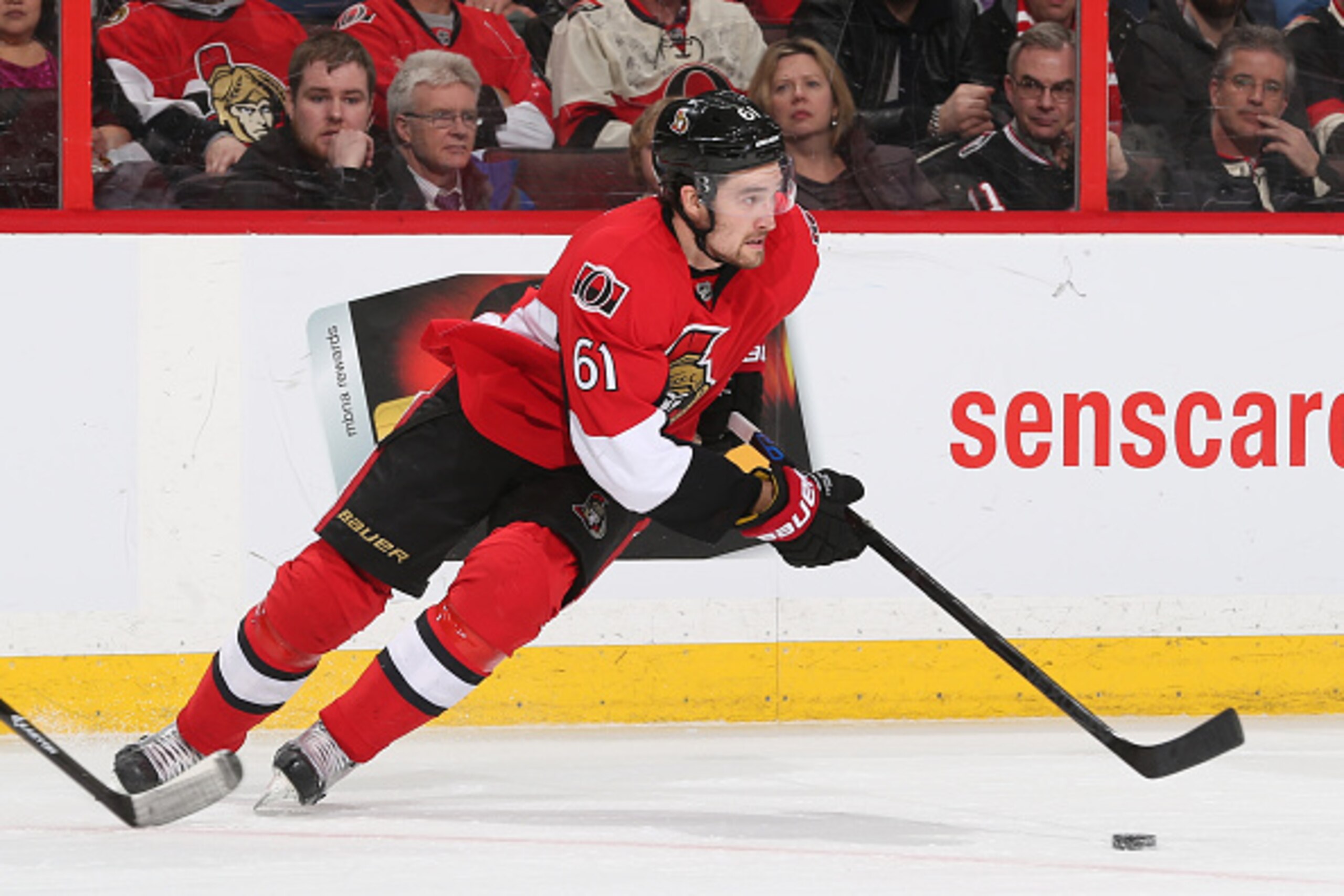 OTTAWA, ON - MARCH 23: Mark Stone #61 of the Ottawa Senators skates against the San Jose Sharks at Canadian Tire Centre on March 23, 2015 in Ottawa, Ontario, Canada.  (Photo by Andre Ringuette/NHLI via Getty Images)
