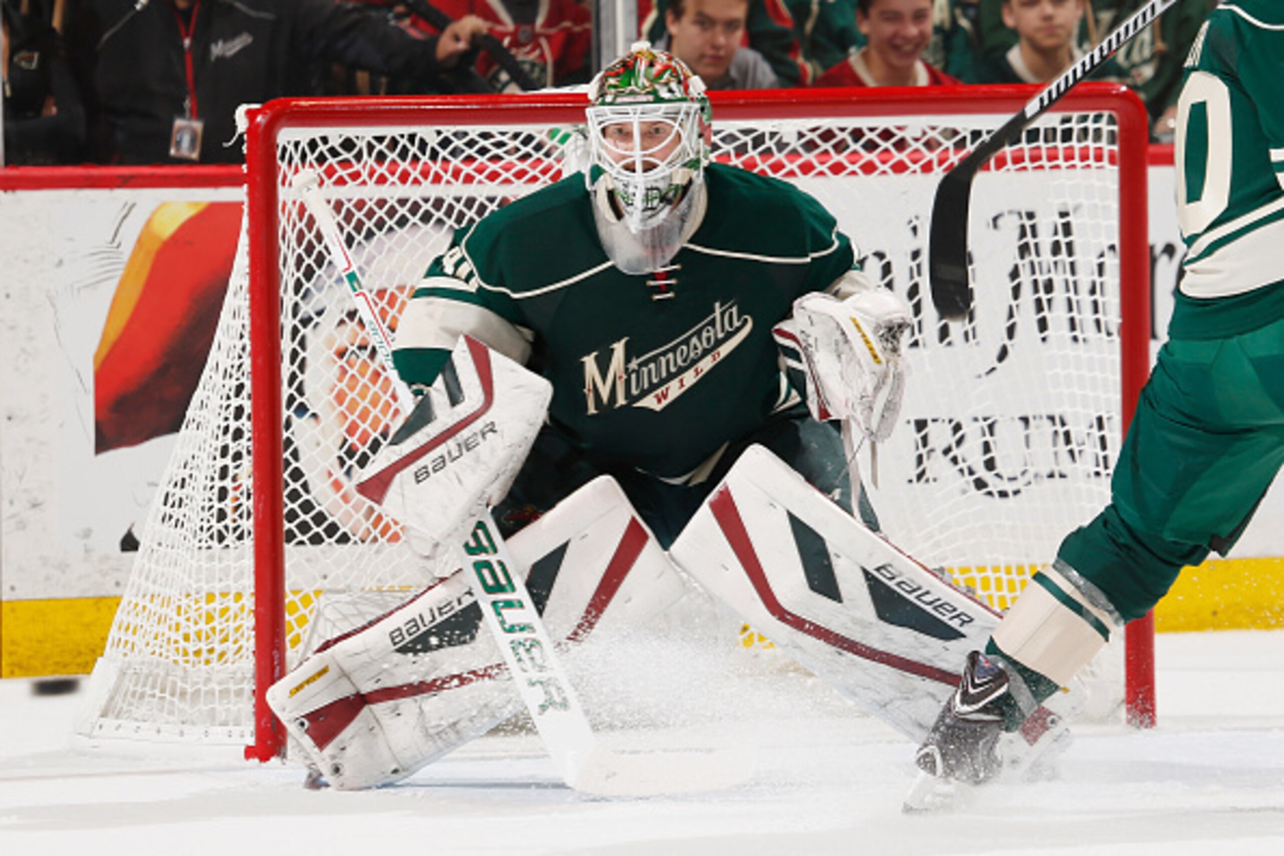 ST. PAUL, MN - MAY 7: Devan Dubnyk #40 of the Minnesota Wild defends his goal against the Chicago Blackhawks in Game Four of the Western Conference Semifinals during the 2015 NHL Stanley Cup Playoffs on May 7, 2015 at the Xcel Energy Center in St. Paul, M