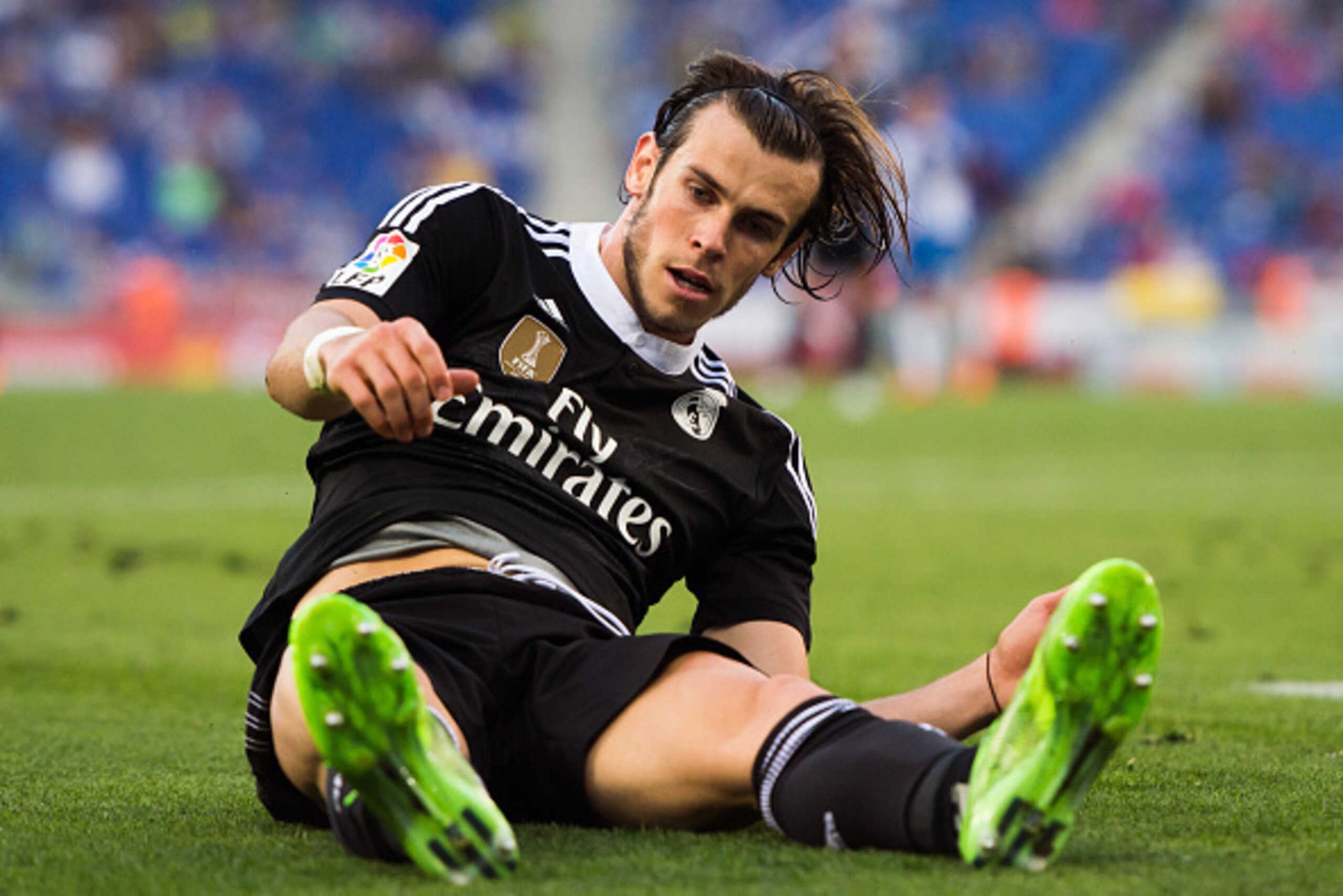 BARCELONA, SPAIN - MAY 17: Gareth Bale of Real Madrid CF lies on the ground during the La Liga match between RCD Espanyol and Real Madrid CF at Cornella-El Prat Stadium on May 17, 2015 in Barcelona, Spain. (Photo by Alex Caparros/Getty Images)