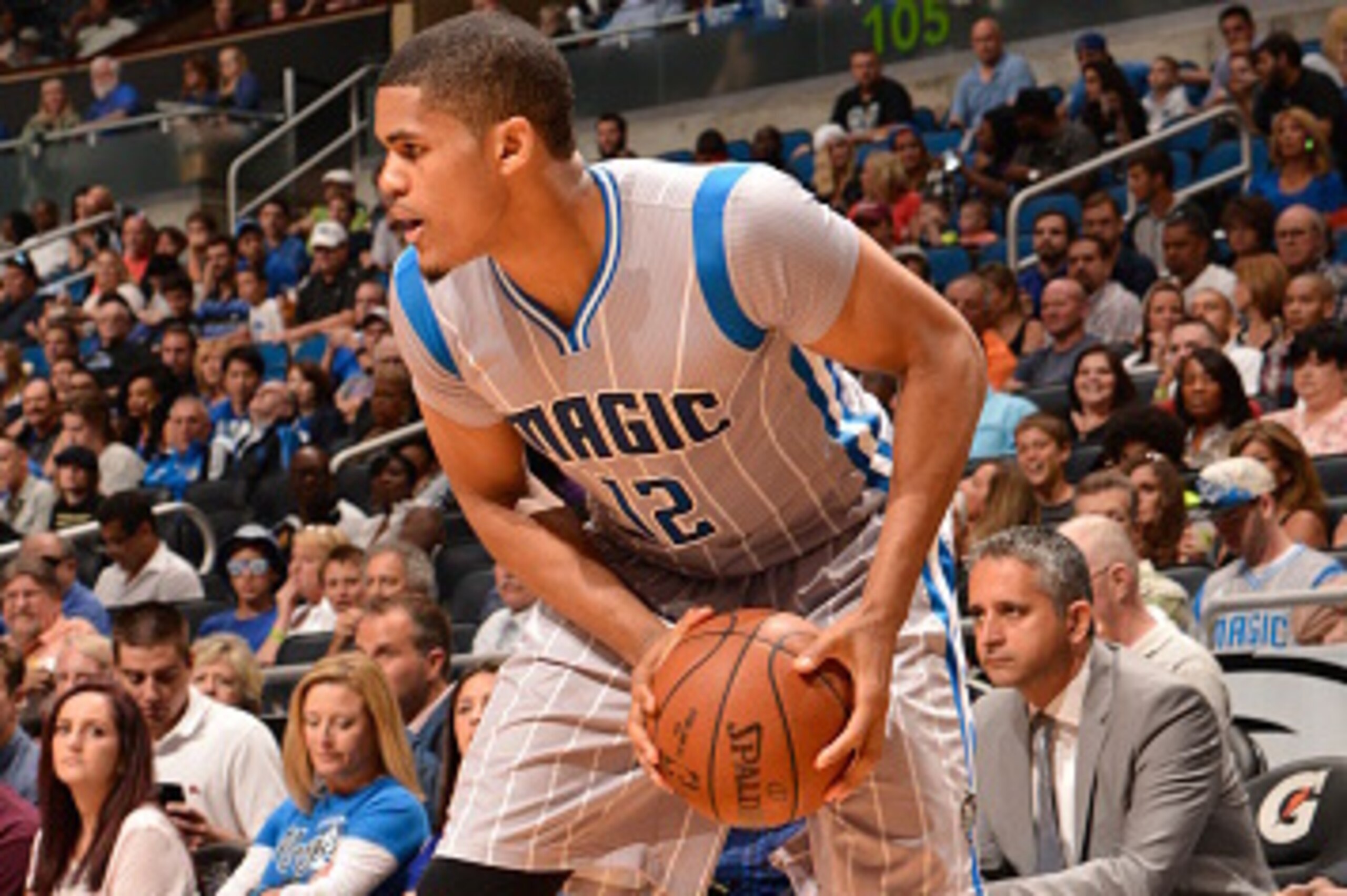 ORLANDO, FL - APRIL 11:  Tobias Harris #12 of the Orlando Magic dribbles against the New York Knicks on April 11, 2015 at Amway Center in Orlando, Florida. NOTE TO USER: User expressly acknowledges and agrees that, by downloading and or using this photogr