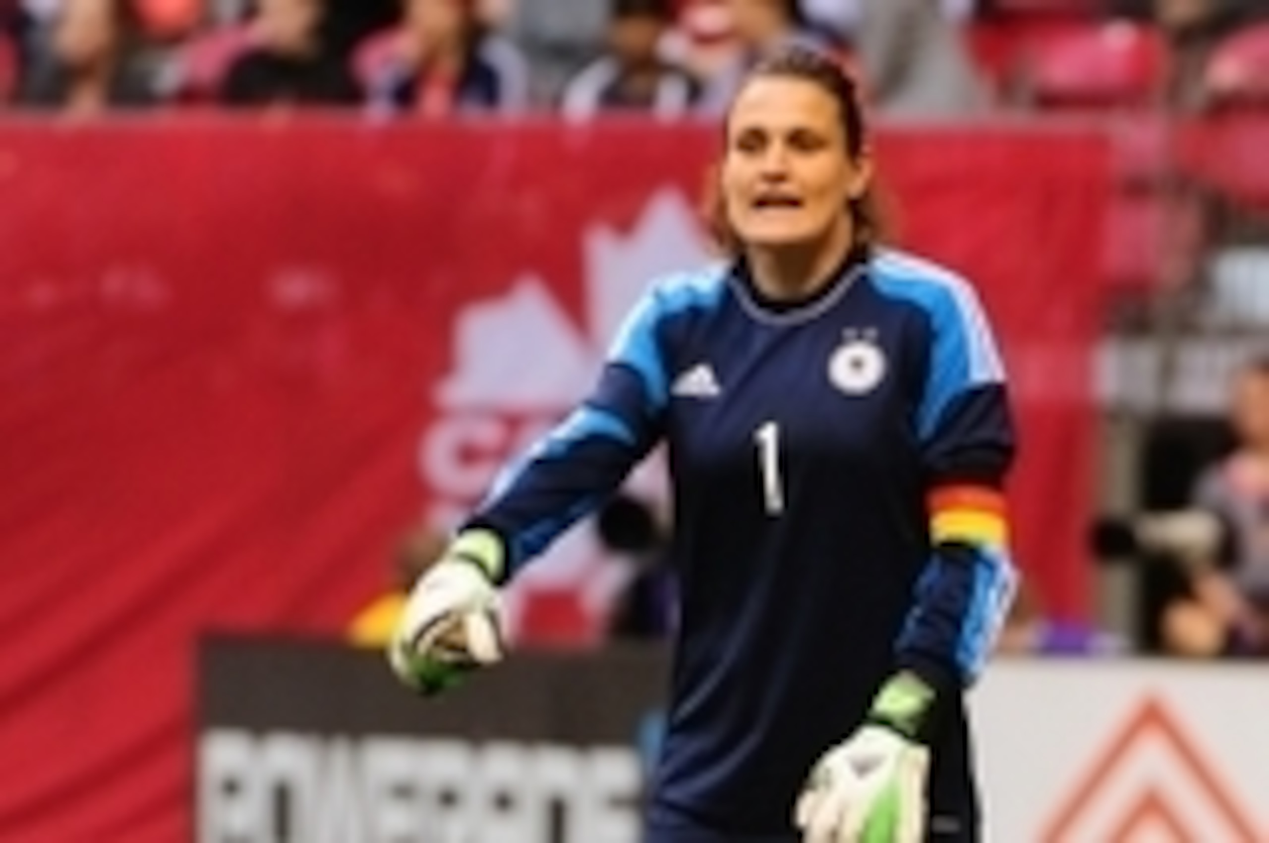 Jun 18, 2014; Vancouver, British Columbia, Canada; Germany goalkeeper Nadine Angerer (1) watches the play against the Canada National Women's Team during the second half at BC Place. Germany won 2-1. Mandatory Credit: Anne-Marie Sorvin-USA TODAY Sports