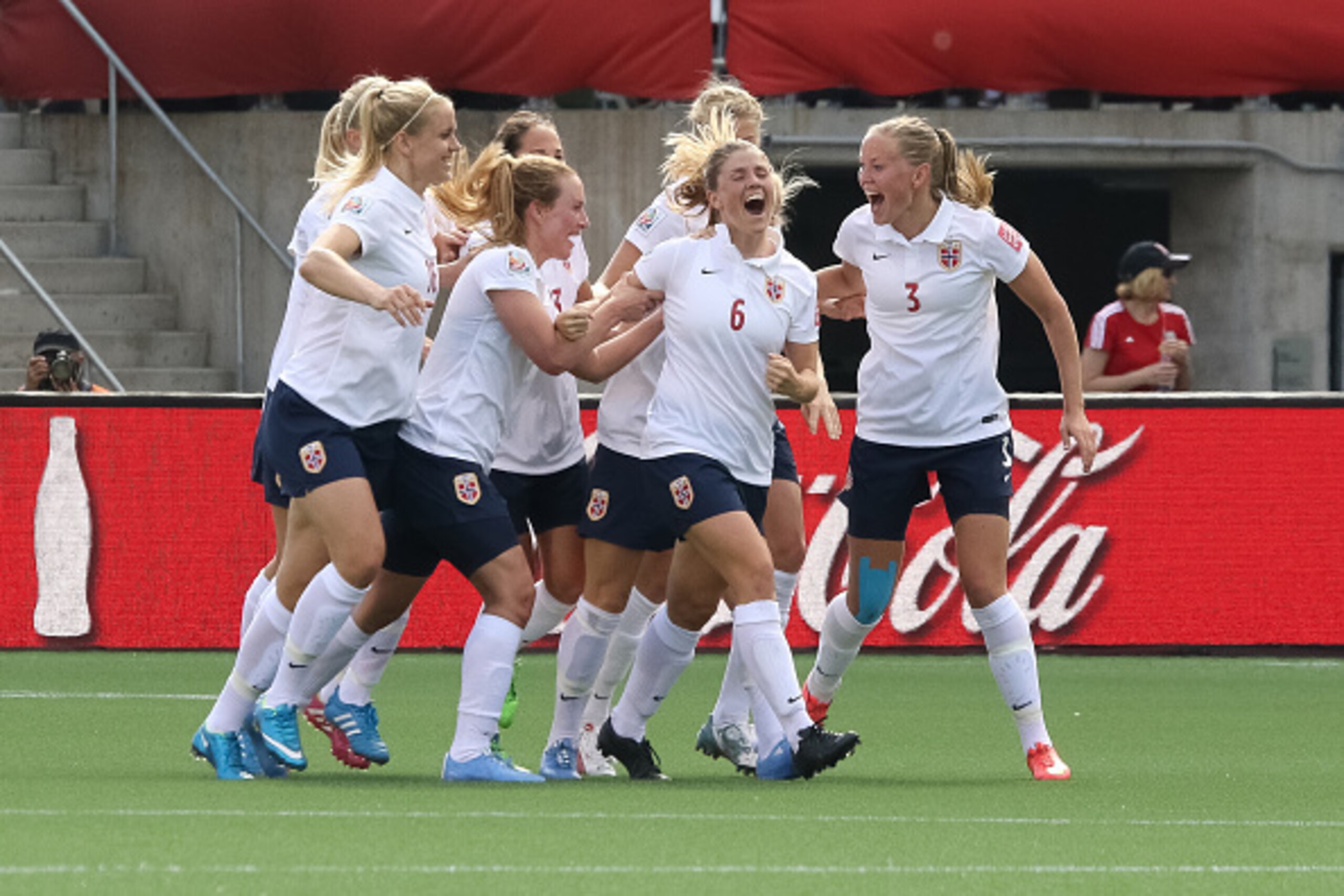 OTTAWA, ON - JUNE 11: Maren Mjelde #6 of Norway celebrates her goal on a direct kick with team mates during the FIFA Women's World Cup Canada 2015 Group B match between Germany and Norway at Lansdowne Stadium on June 11, 2015 in Ottawa, Canada.  (Photo by