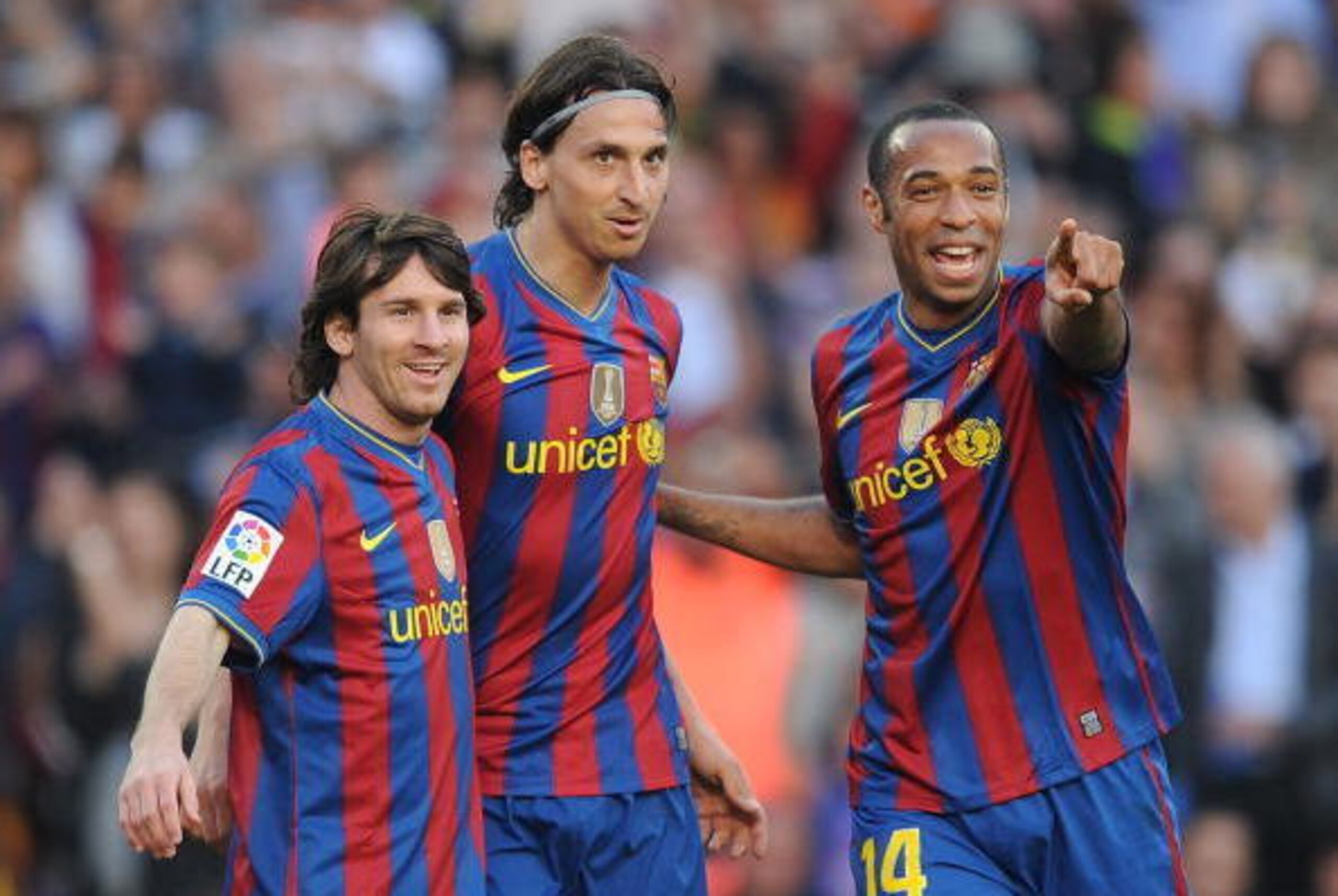 BARCELONA, SPAIN - APRIL 24:  Lionel Messi (L), Zlatan Ibrahimovic (C) and Thierry Henry of Barcelona celebrate after Ibrahimovic scored his team's third goal during the La Liga match between Barcelona and Xerez CD at Camp Nou stadium on April 24, 2010 in