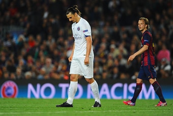 BARCELONA, SPAIN - APRIL 21:  Zlatan Ibrahimovic of PSG looks dejected during the UEFA Champions League Quarter Final second leg match between FC Barcelona and Paris Saint-Germain at Camp Nou on April 21, 2015 in Barcelona, Spain.  (Photo by David Ramos/G