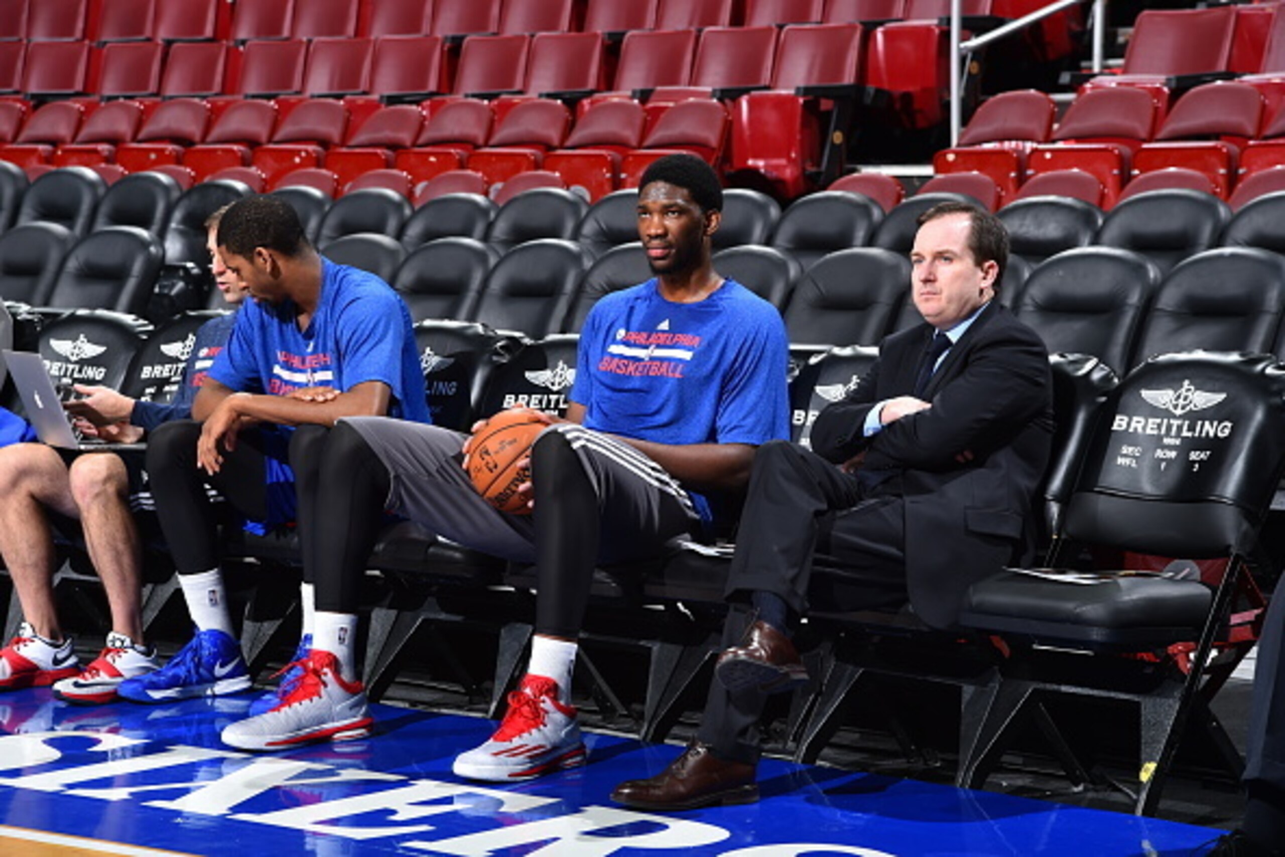 PHILADELPHIA, PA - DECEMBER 15:  Joel Embiid #21 and Sam Hinkie, General Manager of the Philadelphia 76ers before the game against the Boston Celtics on December 15, 2014 at Wells Fargo Center in Philadelphia, PA. NOTE TO USER: User expressly acknowledges
