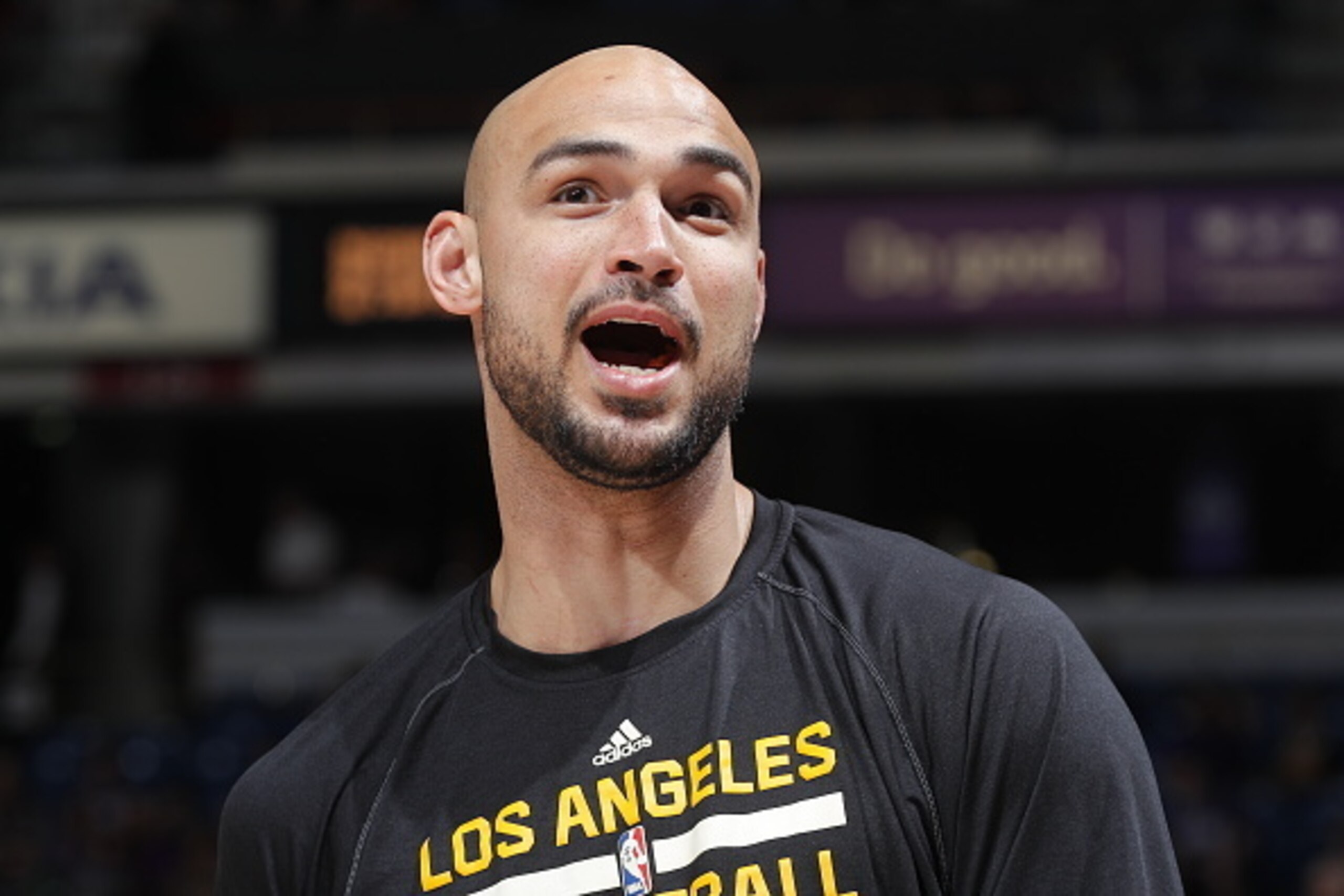 SACRAMENTO, CA - APRIL 13: Robert Sacre #50 of the Los Angeles Lakers looks on during the game against the Sacramento Kings on April 13, 2015 at Sleep Train Arena in Sacramento, California. NOTE TO USER: User expressly acknowledges and agrees that, by dow