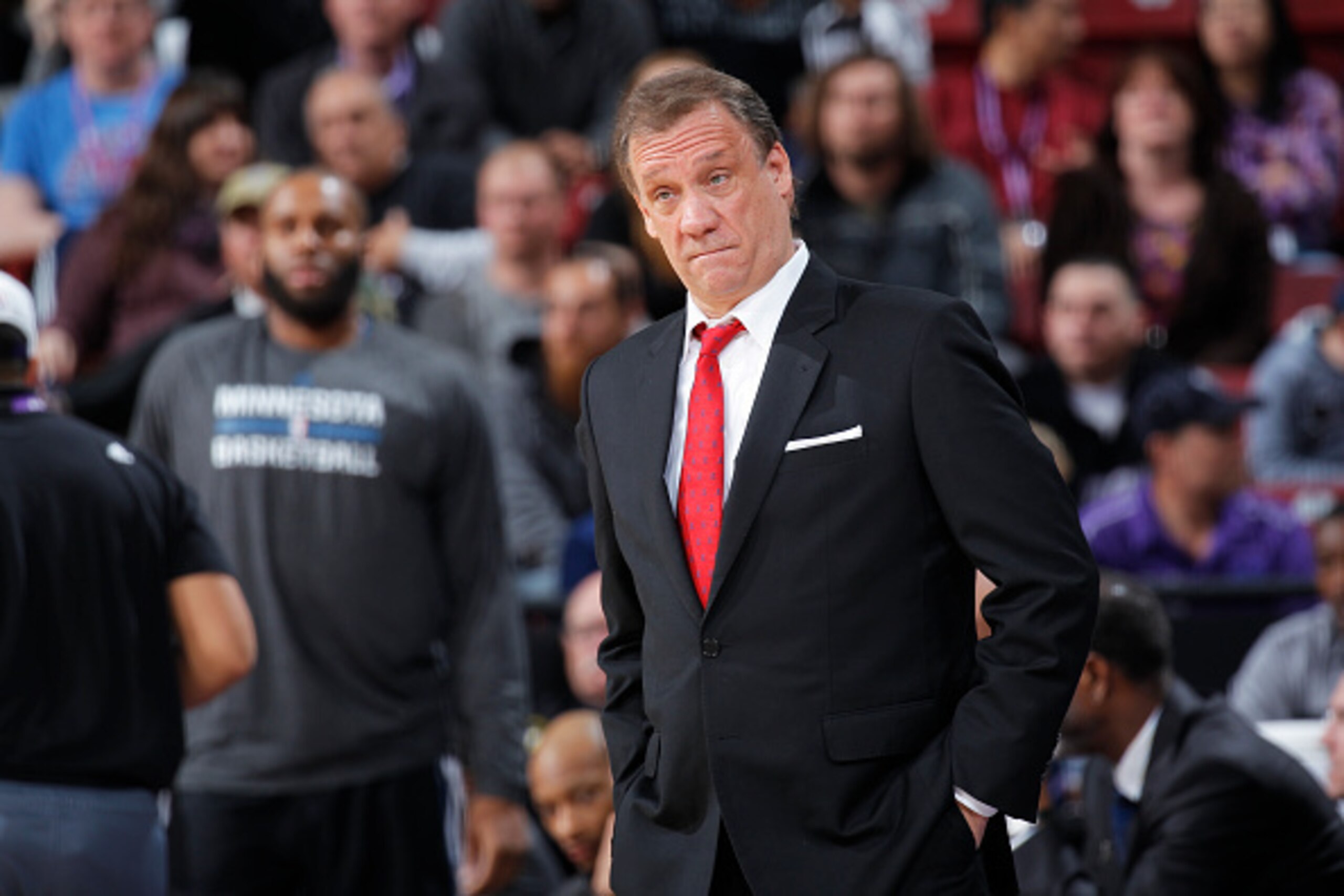 SACRAMENTO, CA - APRIL 7: Head coach Flip Saunders of the Minnesota Timberwolves coaches against the Sacramento Kings on April 7, 2015 at Sleep Train Arena in Sacramento, California. NOTE TO USER: User expressly acknowledges and agrees that, by downloadin