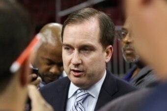 Sep 29, 2014; Philadelphia, PA, USA; Philadelphia 76ers general manager Sam Hinkie talks with reporters during media day at the Wells Fargo Center. Mandatory Credit: Bill Streicher-USA TODAY Sports
