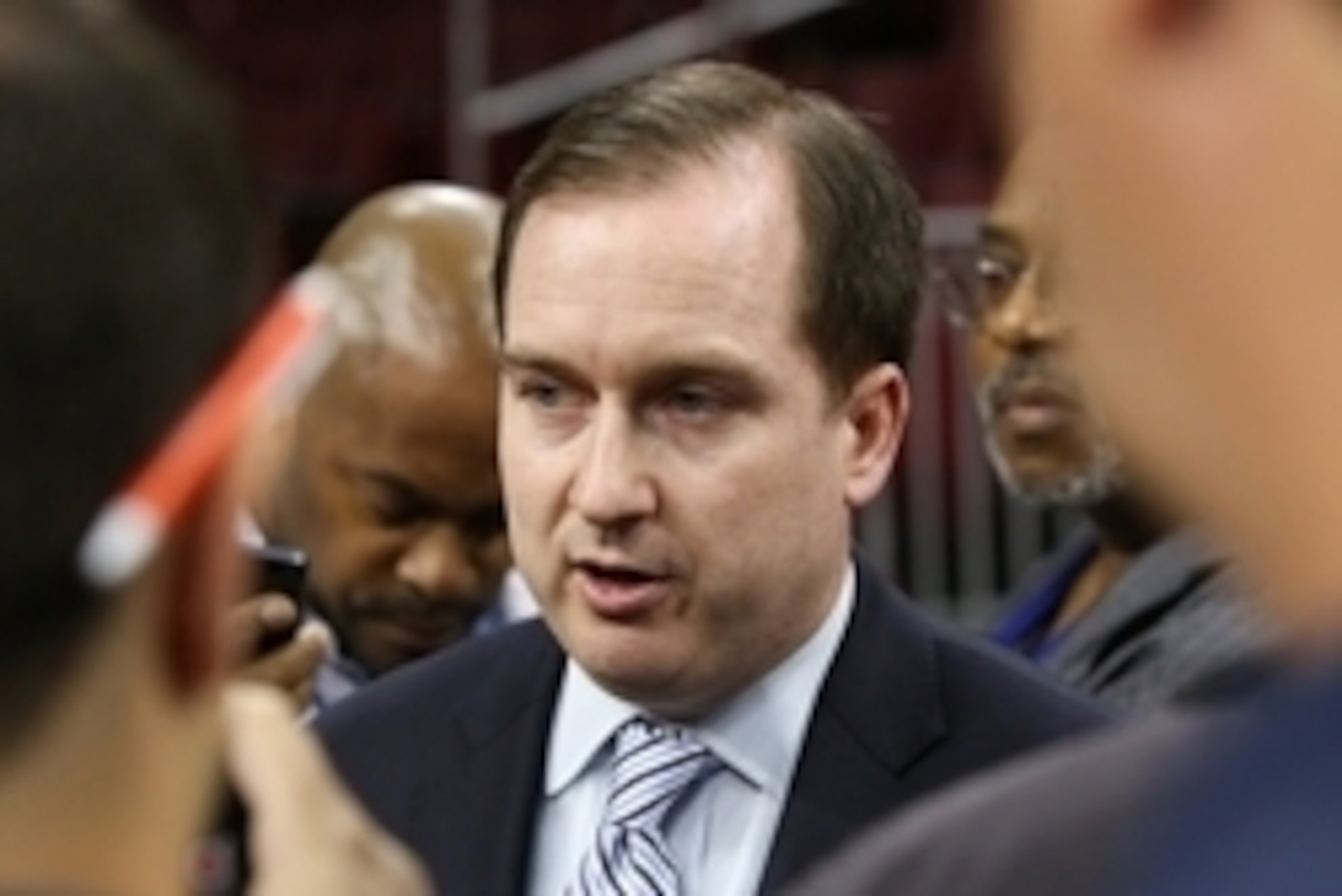 Sep 29, 2014; Philadelphia, PA, USA; Philadelphia 76ers general manager Sam Hinkie talks with reporters during media day at the Wells Fargo Center. Mandatory Credit: Bill Streicher-USA TODAY Sports
