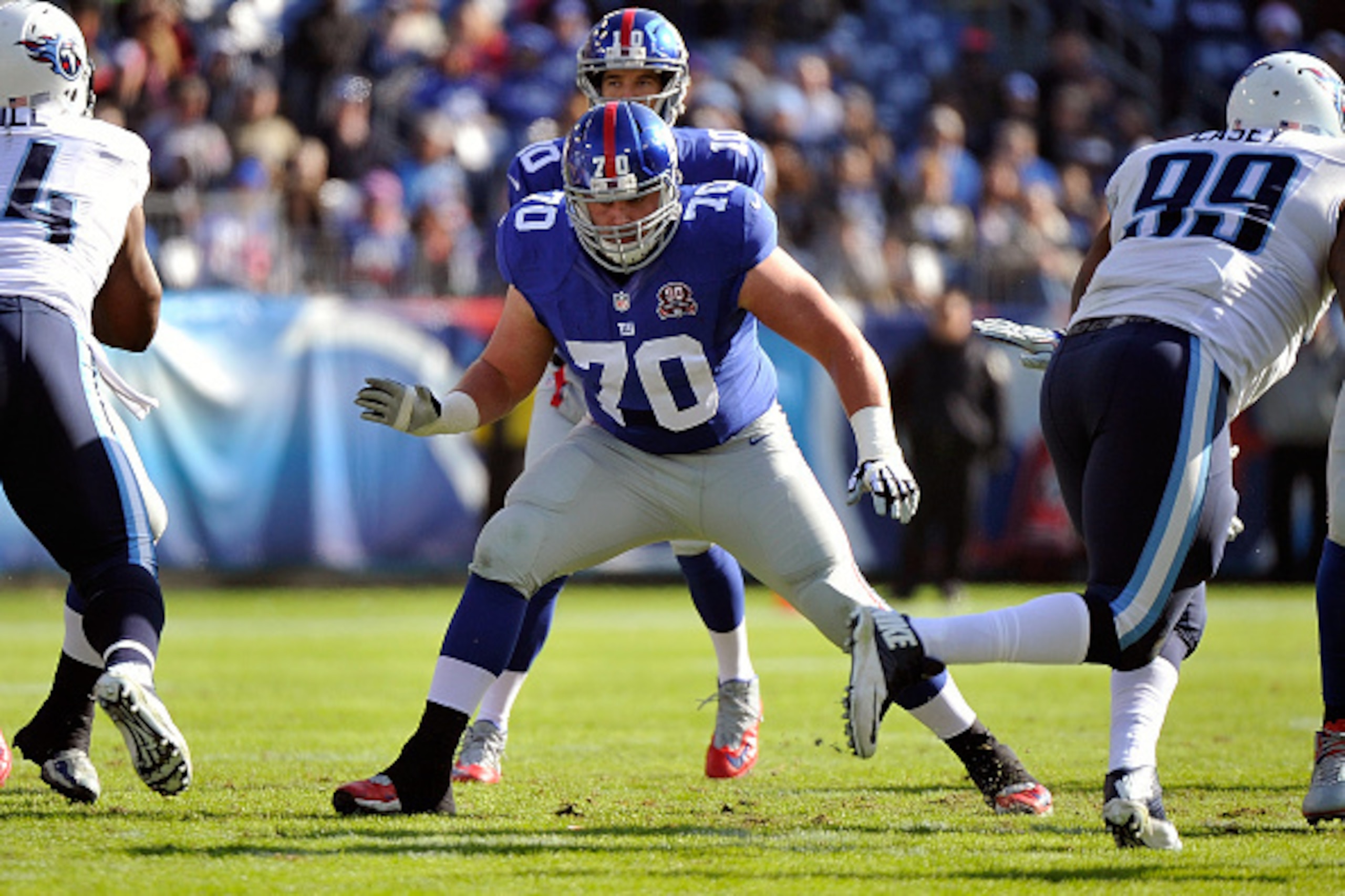 NASHVILLE, TN - DECEMBER 07:  Weston Richburg #70 of the New York Giants plays against the Tennessee Titans at LP Field on December 7, 2014 in Nashville, Tennessee.  (Photo by Frederick Breedon/Getty Images)