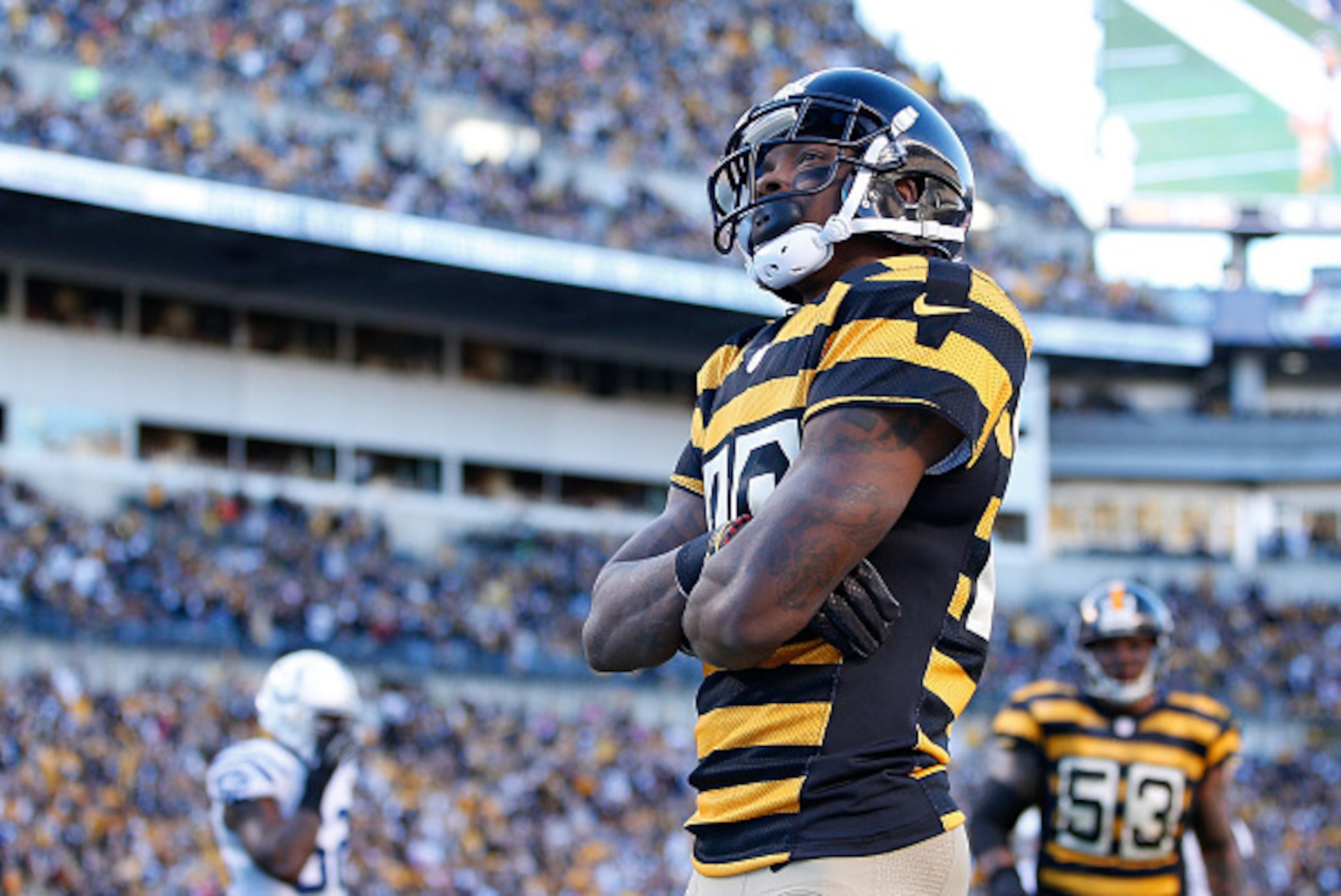 PITTSBURGH, PA - OCTOBER 26:  Martavis Bryant #10 of the Pittsburgh Steelers celebrates his second quarter touchdown against the Indianapolis Colts at Heinz Field on October 26, 2014 in Pittsburgh, Pennsylvania.  (Photo by Joe Robbins/Getty Images)